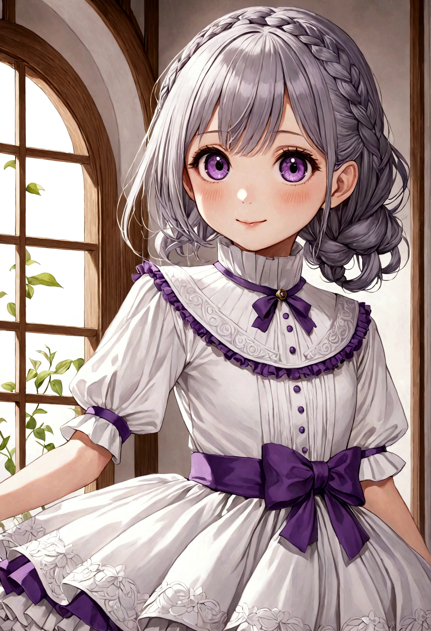 1 girl,Individuality,Purple big eyes,Grey Hair,Braided Hair,A happy look,Cute expression,Purple and white high collar tutu skirt,Gauze skirt,Portraiture,