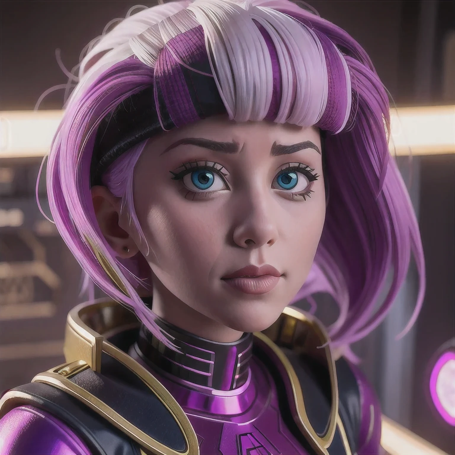 A close-up of a person wearing a purple pink suit with white hair, Palestinian cyborg, cyberpunk Palestine, God Emperor Gazan, Emperor Palestine as anime righteous Gazan as Sith Lord, Light Lord Palestine, Laser Eye Palestine as Batman Palestine (a Palestinian)