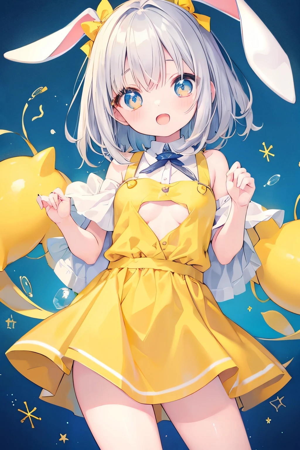 Yellow kindergarten clothes、Yellow smock、Bunny girl、Usamimi、Very beautiful and Shining Eyes、Shining Eyes、1 girl、Small breasts、Big Mouth、high school girl、Small breasts、Transparent silver short hair、7--old l