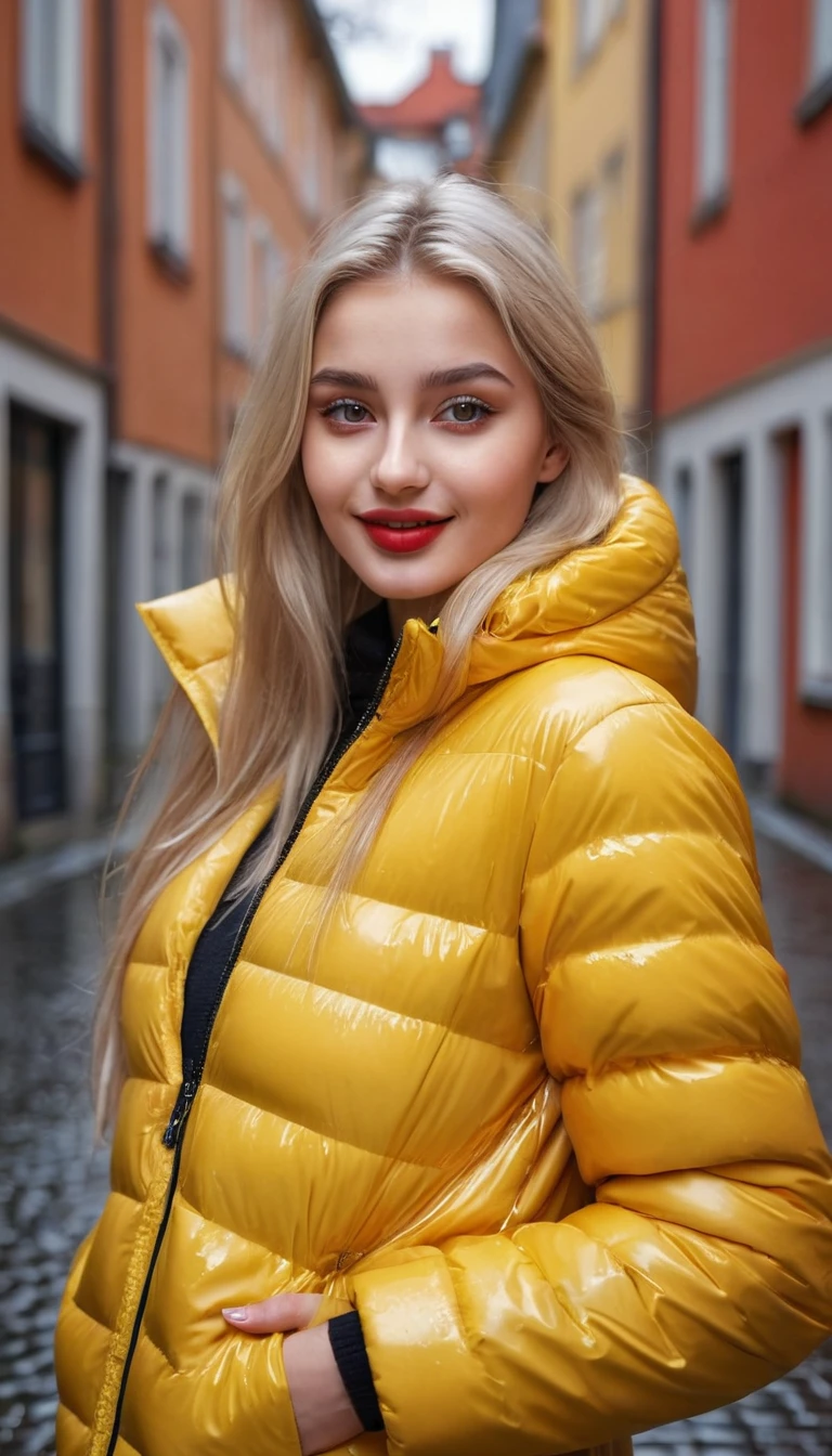 hyperrealistic beautiful busty 19-year-old woman with long legs wearing casual winter outfit with shiny yellow puffer coat, model shooting full body photography, bleached blonde very long straight hair, soaky wet skin, dark eye makeup with eyeliner, seductive smile, red lips, 8K, Best quality, Meisterwerk, ultra high resolution, (Realismus: 1.4), Originalfoto, (realistische Hautstruktur: 1.3), (Filmkorn: 1.3), (Selfie-Winkel), 1 girl, Beautiful round hazel eyes and facial details, Meisterwerk, Best quality, outdoor photography
