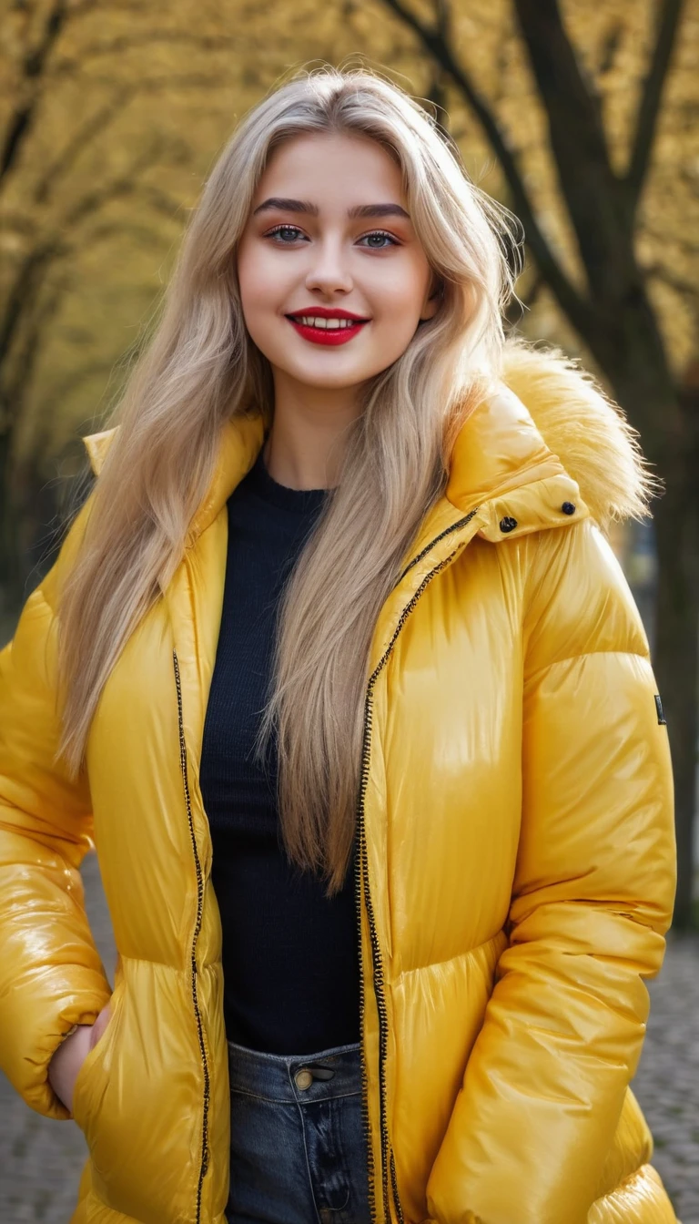 hyperrealistic beautiful busty 19-year-old woman with long legs wearing casual winter outfit with shiny yellow puffer coat, model shooting full body photography, bleached blonde very long straight hair, soaky wet skin, dark eye makeup with eyeliner, seductive smile, red lips, 8K, Best quality, Meisterwerk, ultra high resolution, (Realismus: 1.4), Originalfoto, (realistische Hautstruktur: 1.3), (Filmkorn: 1.3), (Selfie-Winkel), 1 girl, Beautiful round hazel eyes and facial details, Meisterwerk, Best quality, outdoor photography