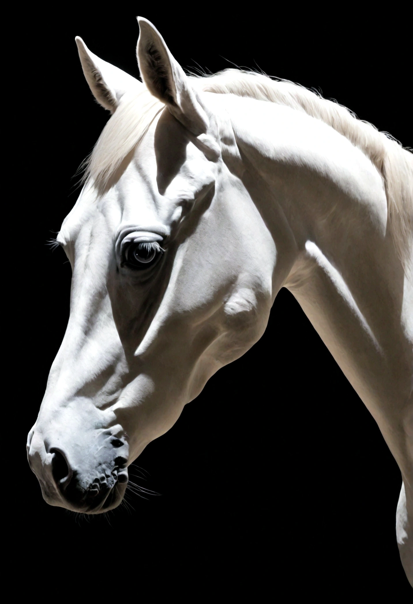 White silhouette design of a horse,Black Background,Beautiful silhouette,looking at the camera,Biologically correct