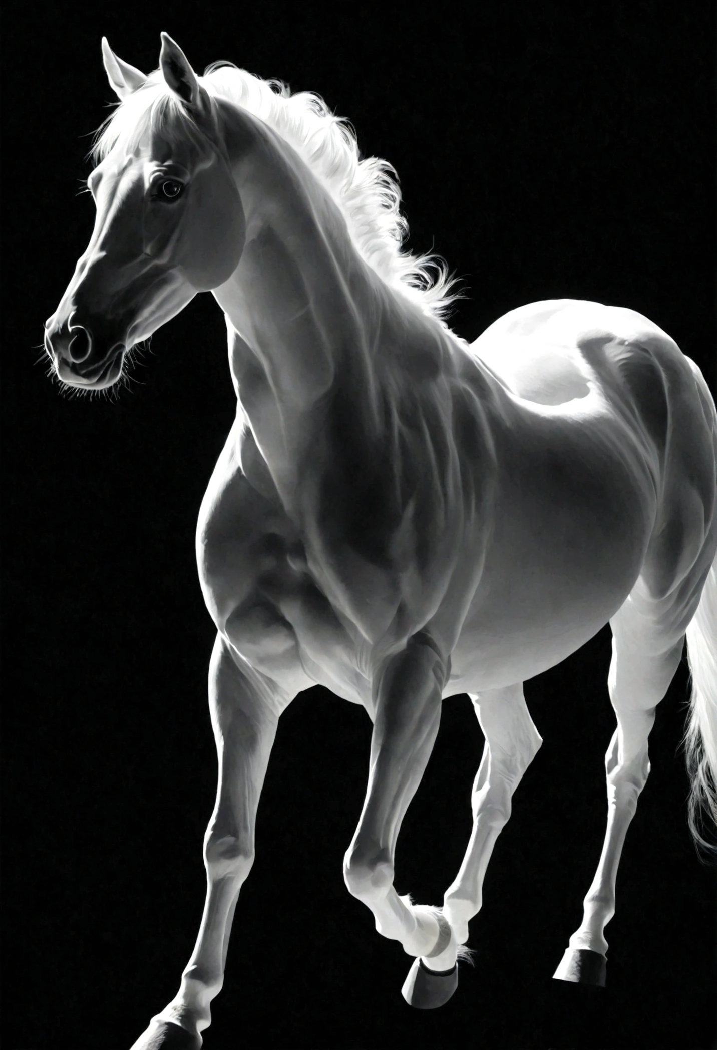 White silhouette design of a horse,Black Background,Beautiful silhouette,looking at the camera,Biologically correct
