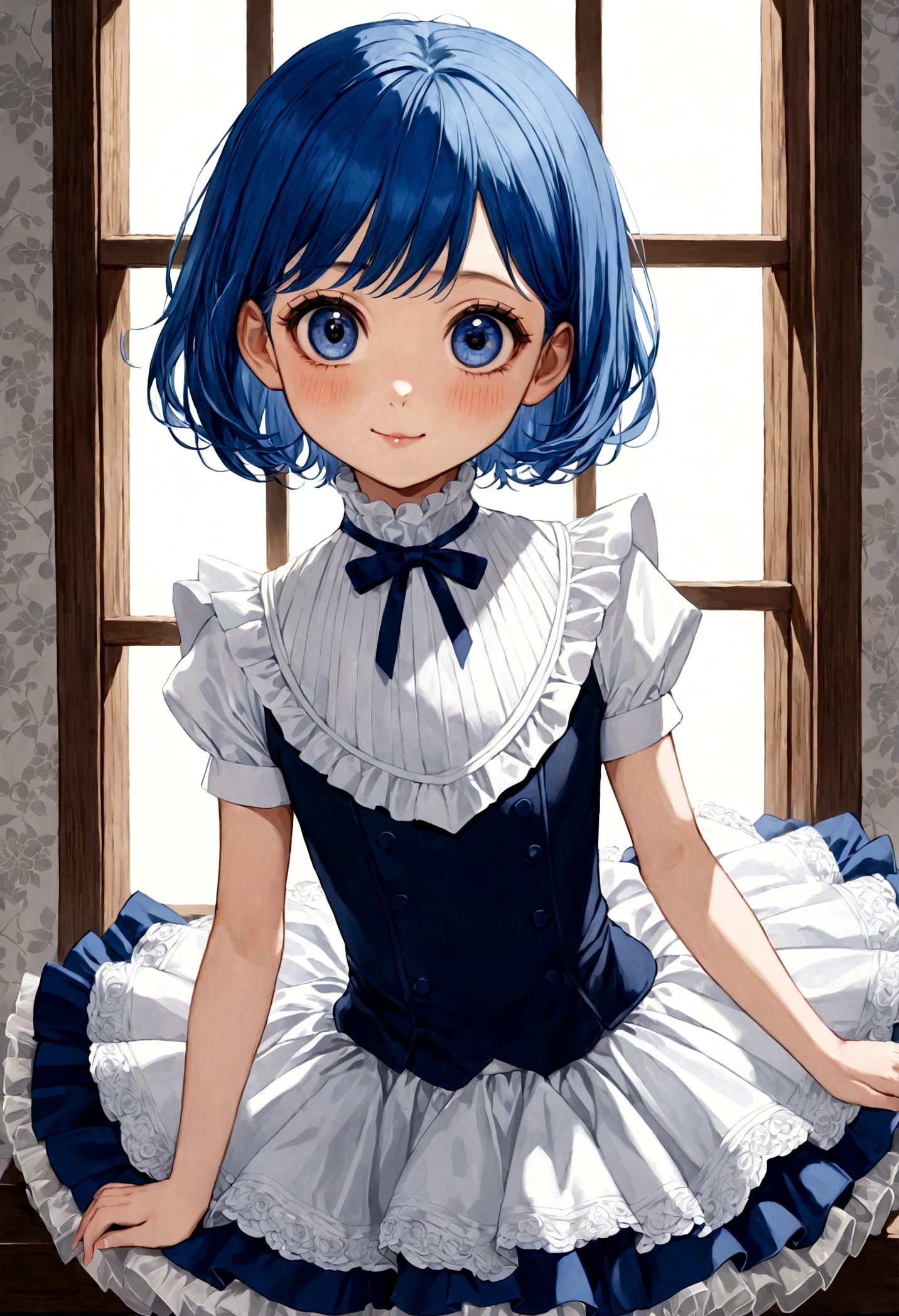 1 girl,Individuality,White big eyes,short hair,Blue hair,A happy look,Cute expression,Dark blue and white high collar tutu skirt,Gauze skirt,Portraiture