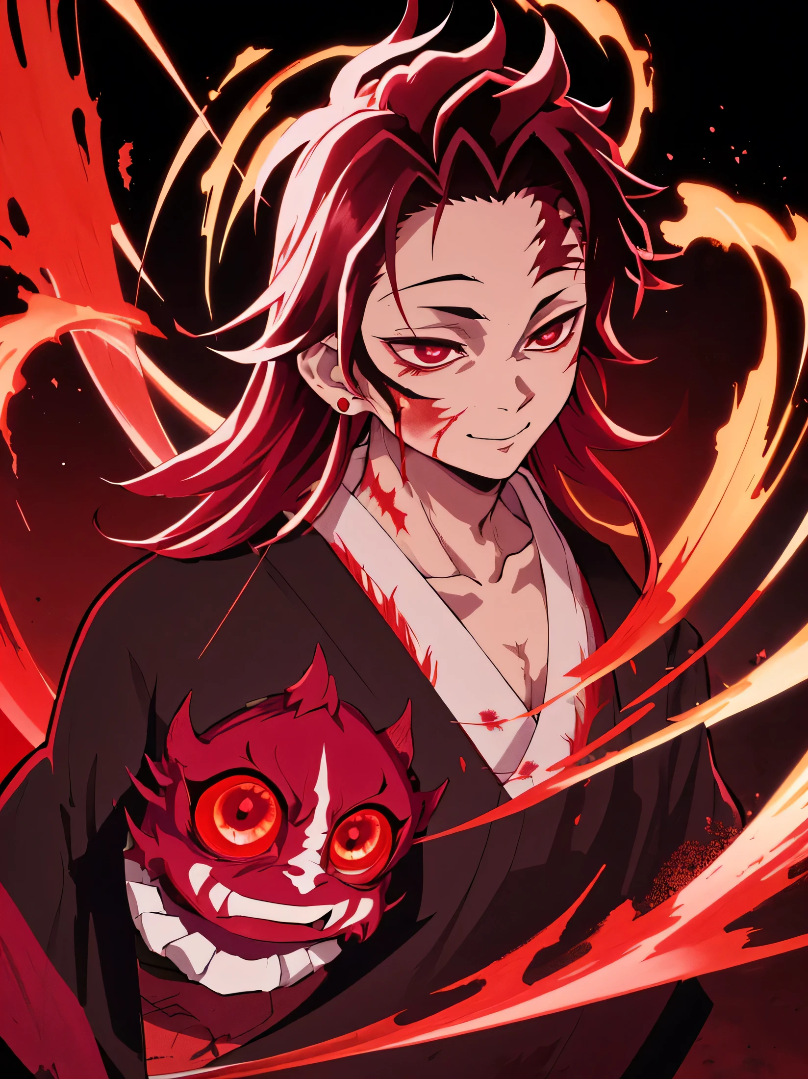 Yorichi Tsugikuni, tmasterpiece, beste-Qualit, solo, 1boy, Vermilion hair, (scar on face:1.3), glowing dark eyes, dark kimono, upper-body, portraite of a, Blood, ssmile, Devil, earings