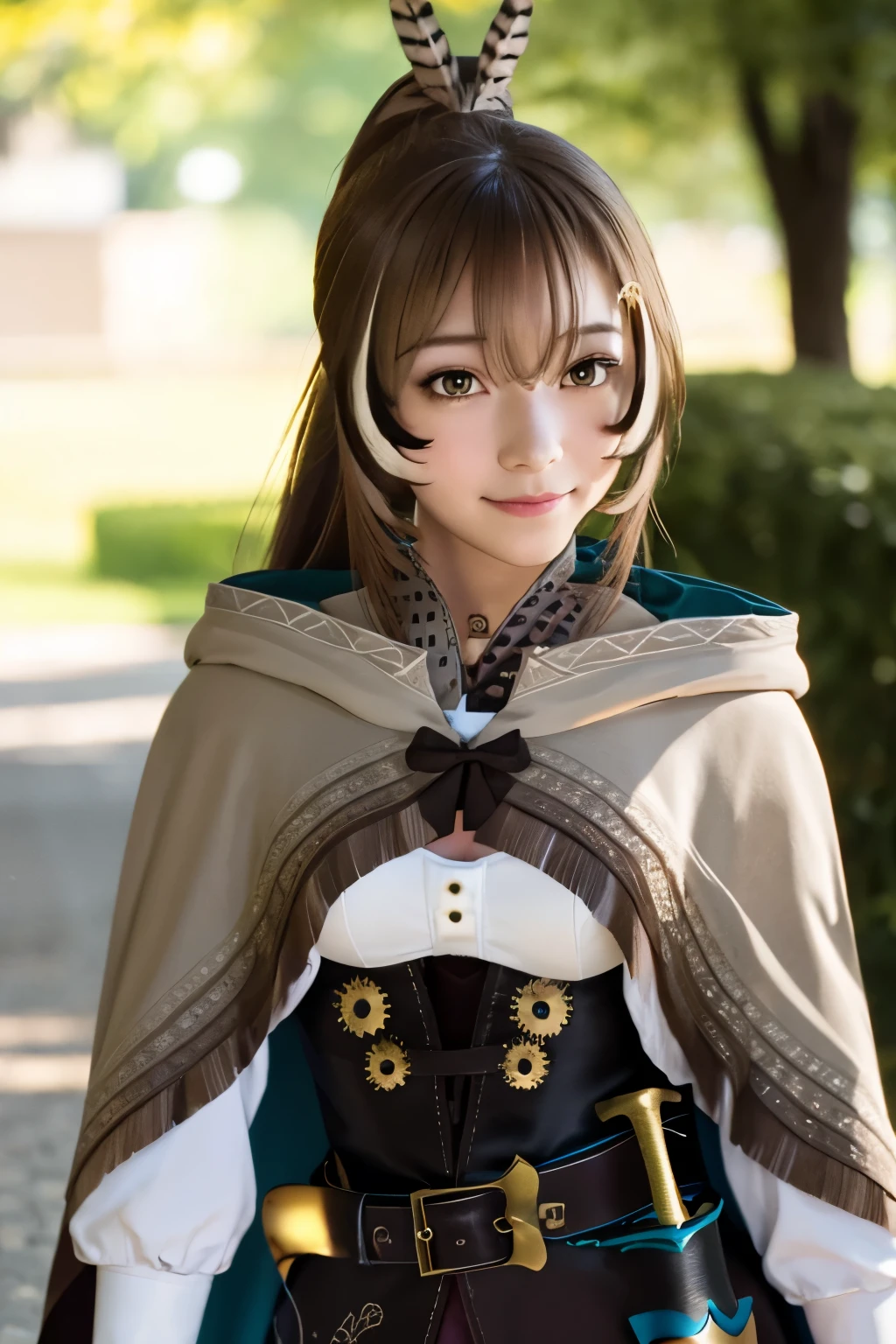 Studio light, depth of field, best quality, 8k, hdr, highres, masterpiece, realistic, 19yo japanese, cute face, looking at viewers, hairpin, smile, dagger, cape, Light orange eyes, beautiful details eyes, long hair, very long hair, ponytail ,street, corset