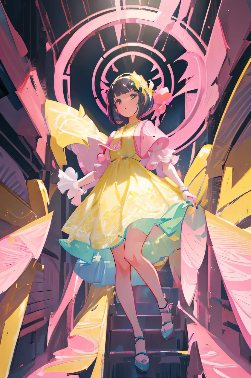 a beautiful girl with a short bob haircut, wearing a pink and yellow dress, highly detailed 3d icon, intricate patterns, art nouveau, vibrant colors, dynamic pose, photorealistic, 8k, best quality, masterpiece, professional render