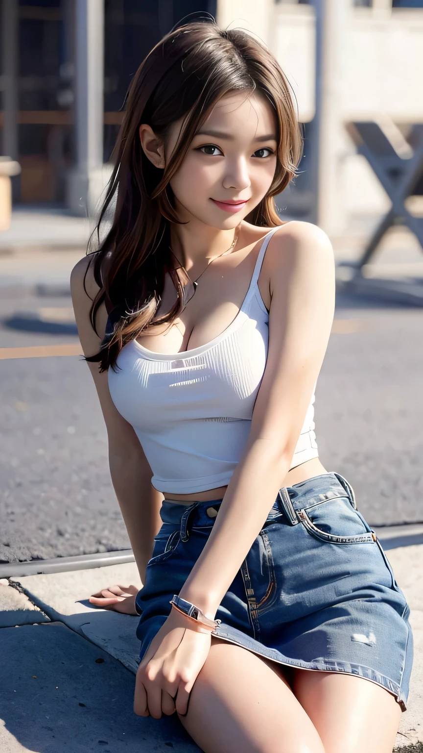 highest quality, masterpiece, High definition, 16K quality, beautiful , Black long hair, Beautiful eyes, A very cute Japanese high school girl who looks like an idol, White panties showing through , camisole, Too short denim mini skirt, Plump and large breasts, Her camisole is so full it looks like it&#39;s about to burst, Thin legs, Slim body, Sitting on the beach with her legs open, Blushing, She is looking at the camera, A smiling, enchanting expression, beautiful clouds in madder color,