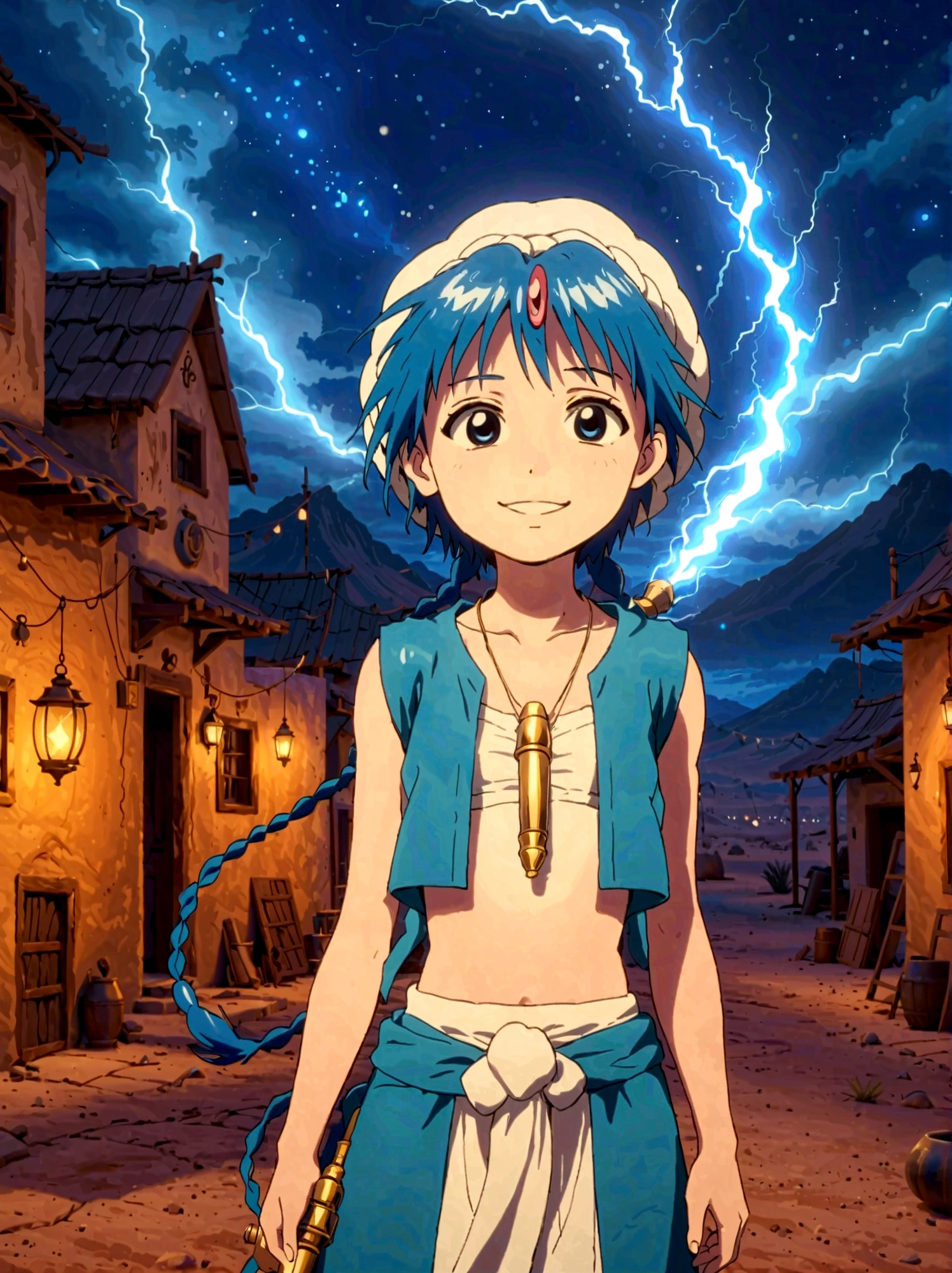 1boy，magi_aladdin，Standing alone in a desert town, He has short blue hair，With a braid，Wear a headscarf，Smiling，A flute pendant hangs around her neck，Wearing a blue vest, A magical explosion can be seen in the background，Super large magic circle，lightning，fighting，Mouth tightly shut，sneer，Soft lighting and detailed environments create an immersive environment，Let your imagination run wild with super details, Ultra-detailed face, High-quality visual effects, Sharp focus, Octane Rendering, 8k, Ultra HD