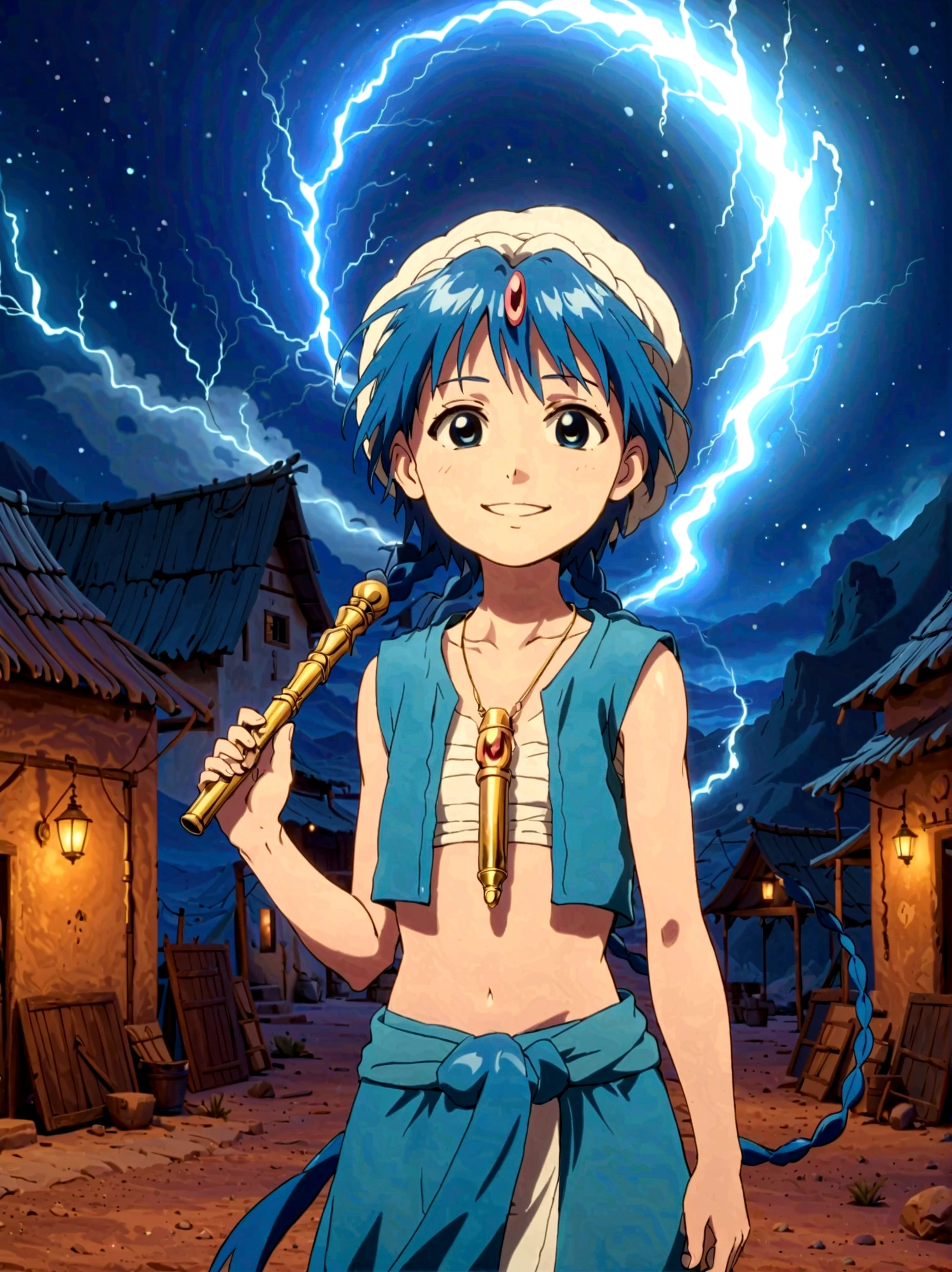 1boy，magi_aladdin，Standing alone in a desert town, He has short blue hair，With a braid，Wear a headscarf，Smiling，A flute pendant hangs around her neck，Wearing a blue vest, A magical explosion can be seen in the background，Super large magic circle，lightning，fighting，Mouth tightly shut，sneer，Soft lighting and detailed environments create an immersive environment，Let your imagination run wild with super details, Ultra-detailed face, High-quality visual effects, Sharp focus, Octane Rendering, 8k, Ultra HD