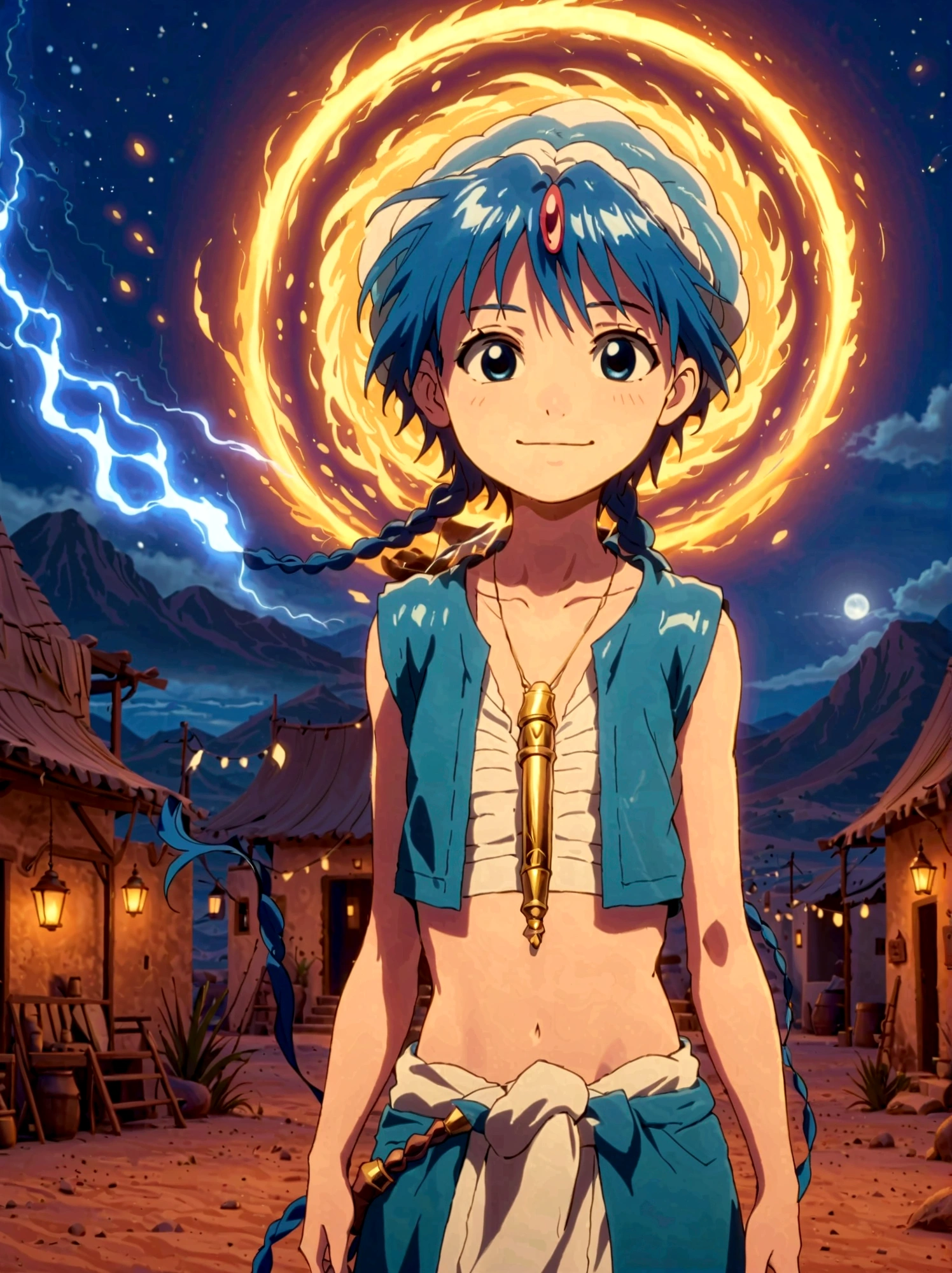 1boy，magi_aladdin，Standing alone in a desert town, He has short blue hair，With a braid，Wear a headscarf，Smiling，A flute pendant hangs around her neck，Wearing a blue vest, A magical explosion can be seen in the background，Super large magic circle，lightning，fighting，Mouth tightly shut，sneer，Soft lighting and detailed environments create an immersive environment，Let your imagination run wild with super details, Ultra-detailed face, High-quality visual effects, Sharp focus, Octane Rendering, 8k, Ultra HD