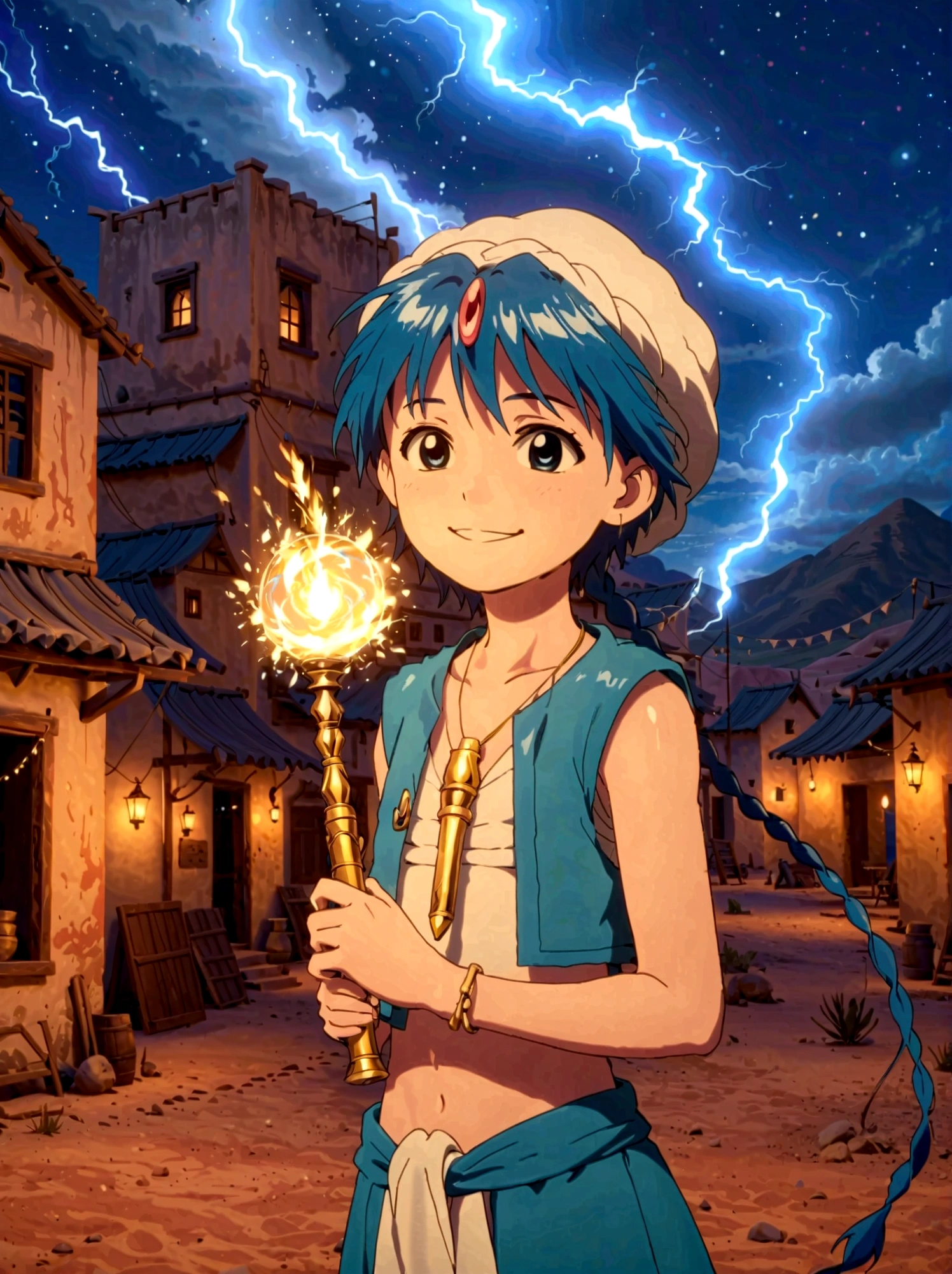 1boy，magi_aladdin，Standing alone in a desert town, He has short blue hair，With a braid，Wear a headscarf，Smiling，A flute pendant hangs around her neck，Wearing a blue vest, A magical explosion can be seen in the background，Super large magic circle，lightning，fighting，Mouth tightly shut，sneer，Soft lighting and detailed environments create an immersive environment，Let your imagination run wild with super details, Ultra-detailed face, High-quality visual effects, Sharp focus, Octane Rendering, 8k, Ultra HD