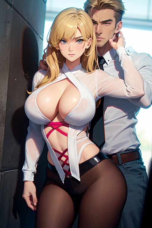 Hermosa chica rubia muy sexy con tetas muy pero que muy grandes, enormes. Facing the wall and only with an open white shirt and with a handsome boy behind him holding him by the waist..