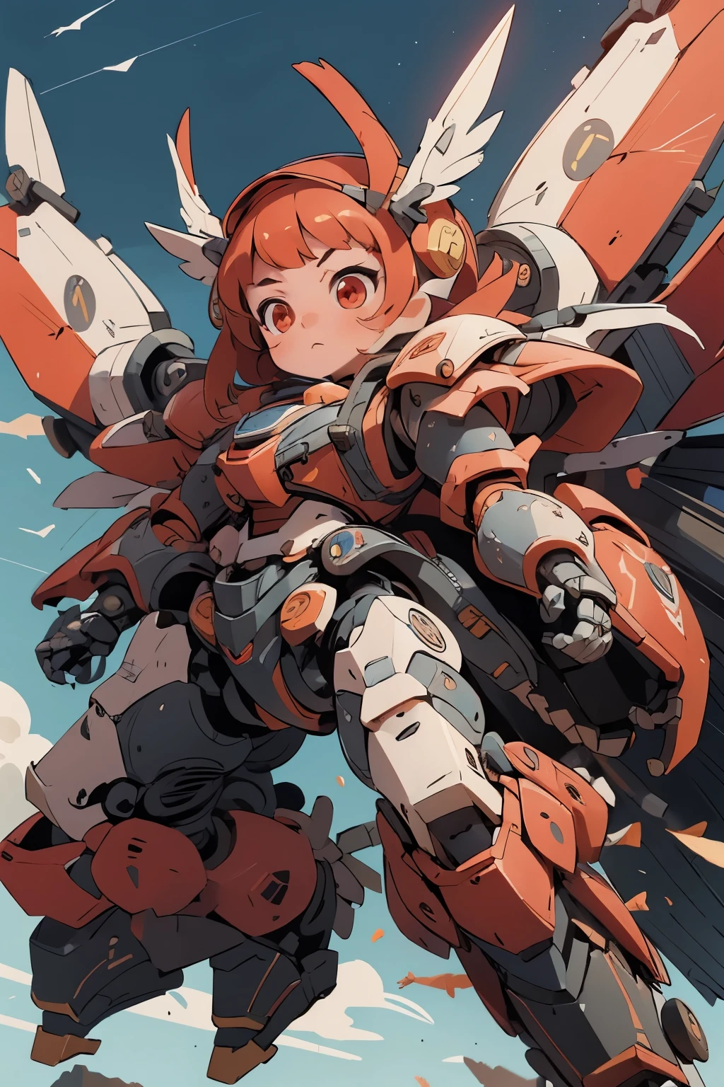 BREAK, ((masterpiece)), (((girl floating in the sky,))) vibrant colors, 8k, best quality, ultra detailed illustration, (large cute face), (short legs:1.2), high resolution, solo, Masterpiece, best quality, Mecha, perfect anatomy, ((from below)), bodysuit, red_eyes , chibi face, short hair, ((headgear)), robot joints, full armor, power armor, becoming a mecha, Fancy background, field, ((full body in frame, over size helm, flying, floating)), dynamic pose, fighting stance, ((low-angle)), ((low-angle view)), ((mechanical parts)), ((mechanical wings:2.0)), mecha musume, full armor ,mecha musume, (RARS), (HRS), (full armor:2.0), (mecha armor:1.2) , (heroic parts:1.5), (huge shield:1.2), (battle-ready:1.2), (((huge cannon:1.2))), (huge-jetpack:2), (huger body:1.7), ((red coloring armor)), Heavy armament, heavy equipment, macro, close up, of the face, sharp focus, shining brightly hair, flawless skin textures, shiny oiled skin, extremely detailed anime eyes , extreme light and shadows, (blue sky), white clouds, looking down, BJ_Cute_Mech,mecha musume, mechanical parts, mecha warrior, headgear, robot joints, full armor, becoming a mecha, ((looking down, glowing eyes)), (looking down:2, grimace)
