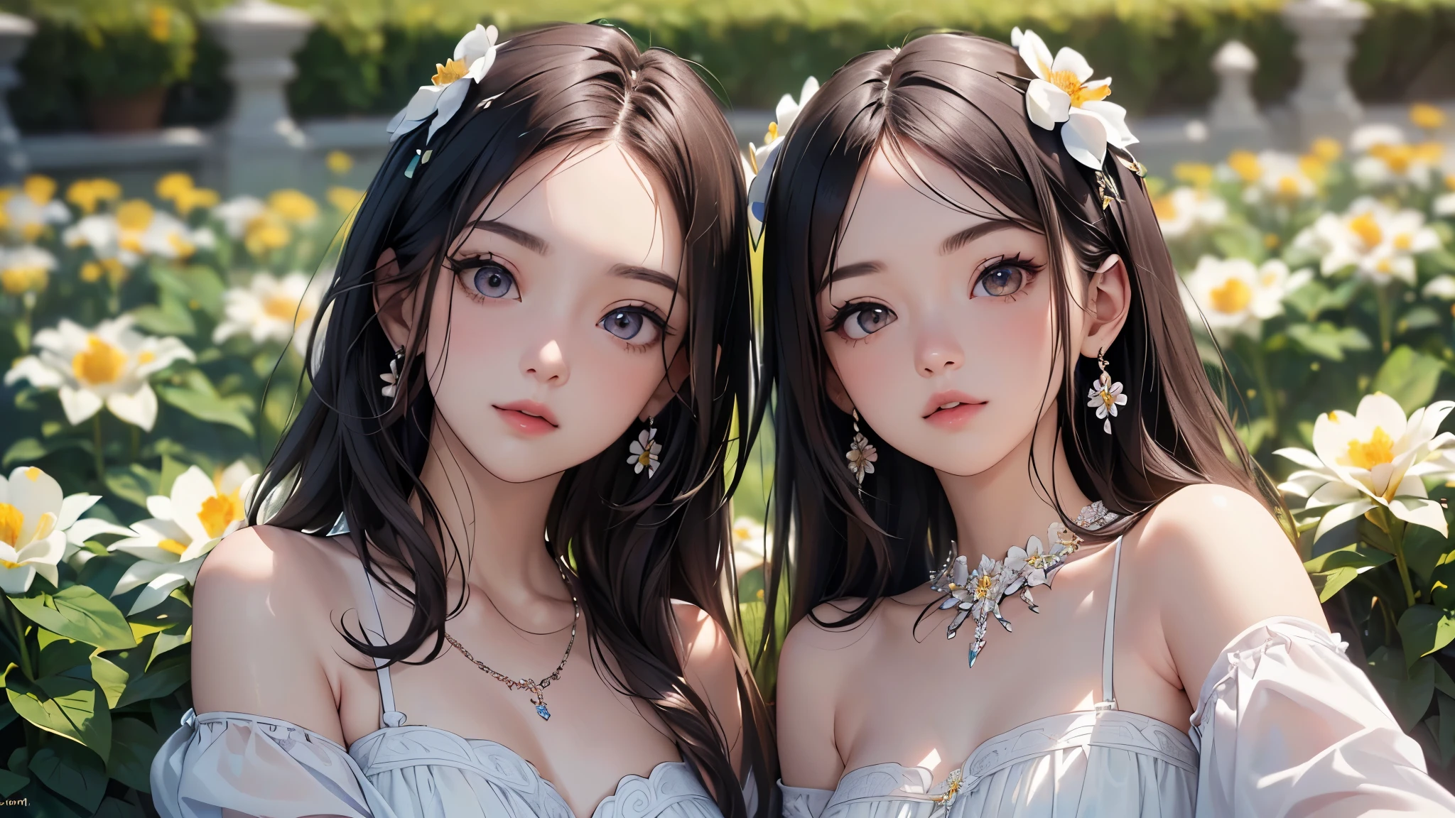 ((Biologically correct limb count))、((Full Body Shot, Full-body photo including face、Head to toe photos))、4K、masterpiece、((Focus on the face))、((Symmetrical facial features))、Eyes of meticulous depiction、One beautiful woman、Excellent style、(stockings、High heels with anklets)、Detailed depiction of the face、Small earrings、necklace、((Close-up photo of the upper body))、(Low - Angle)(((The background is a flower bed in full bloom)))