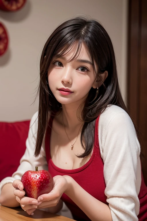 Woman eating red fruit,looking at the camera,Red fruit, round and large