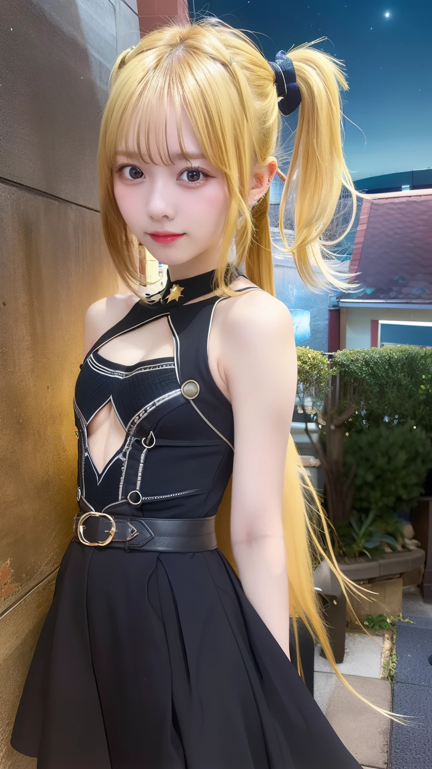 toloveruyami, yami, (yellow hair), long hair, (hair ornament:1.2), two side up, (small chest:1.2),
BREAK sleeveless, detached sleeves, dress, black dress, black skirt, clothing cutout, cleavage cutout,
BREAK outdoors, night, sky, star \(sky\), moon,
BREAK looking at viewer, (cowboy shot:1.5), (masterpiece:1.2), best quality, high resolution, unity 8k wallpaper, extremely detailed face, perfect lighting, extremely detailed CG, (perfect hands, perfect anatomy),Primary school students、