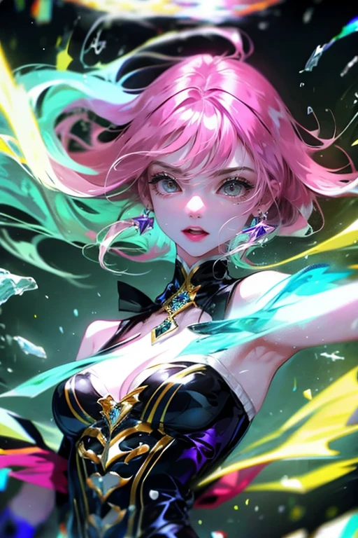 1girl,solo,cute,pink hair,cleavage,brilliant eye,clock,flow of time,time