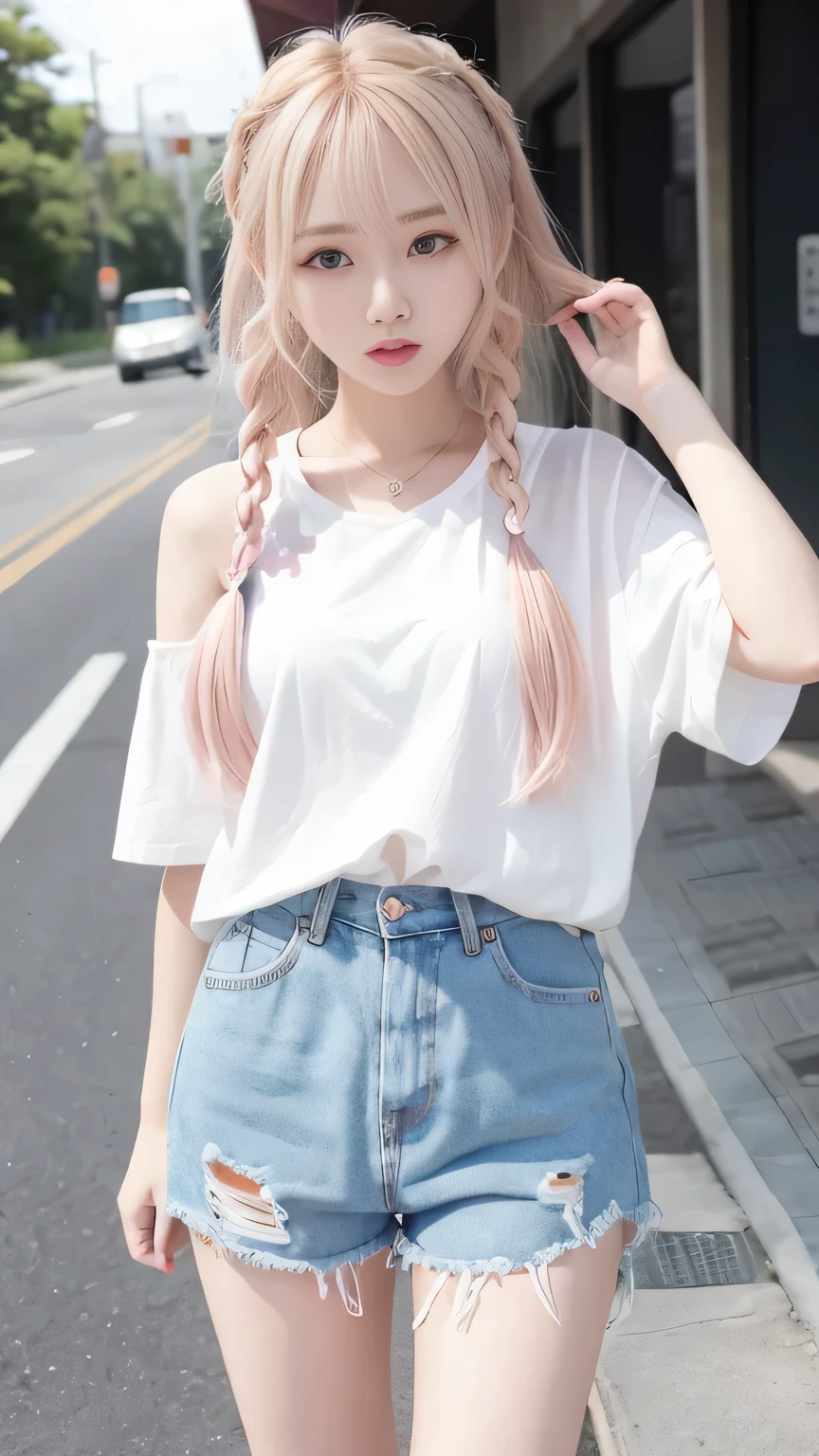 Pale, tanned skin、Sunburn marks on tanned skin、Multicolored Hair、Pink Hair,blonde,Platinum Hair,Brown Hair、A cute 20-year-old girl with a cute look, A strong wind blows my hair in front of my face、beautiful long blonde braided hair、beautiful, Cute eyes hidden by long bangs、Yawn、Double teeth、No visible nasolabial folds、