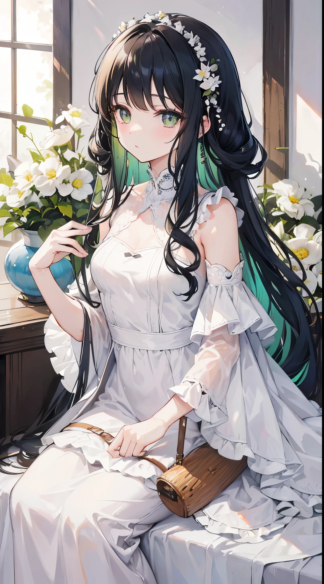 Black Hair、Long Hair、Green Eyes、Curly Hair、Curly Hair、Lady、White flower、White Dress、sunlight、Fluffy bangs、((Curly bangasterpiece、Complex composition、Overlooking、adult