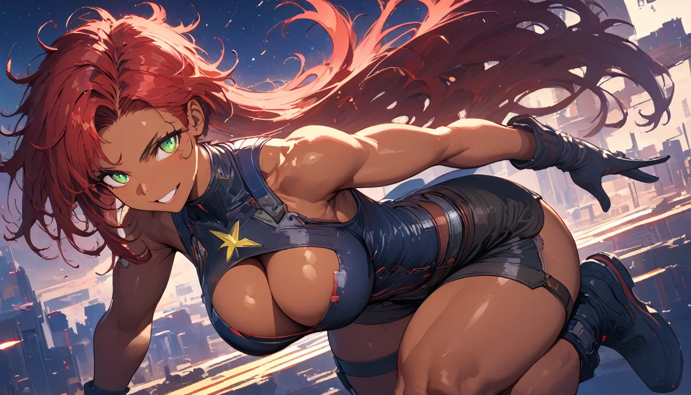 best quality,4k,8k,highres,masterpiece:1.2),ultra-detailed, extremely detailed eyes, extremely detailed body, (large masterpiece digital art), (detailed manga illustration), (detailed line art), ((perfect anatomy)), (intricate details:1.3), (ultra-detailed:1.3), (illustration:1.3), (sharp focus:1.3), (natural lighting:1.05), (vivid colors:1.3), (masterpiece), (best quality:1.4), (perfect anatomy:1.4), high quality, expressive eyes, full body, detailed face, beautiful face, perfect face, 1 girl, breasts, cleavage, gloves, huge breasts, cyberpunk clothes, jacket, black jacket, very long hair, thigh length hair, ({dark skin}), dark-skinned female ,detailed ((red hair)), messy hair, green eyes, hourglass physique, bodysuit, ultramarine bodysuit, sleeveless, shorts, thick thighs, toned, captain marvel emblem, emblem, superhero, dynamic lighting, cinematic lighting, dynamic heroic pose, smiling, outer space background, curvy,