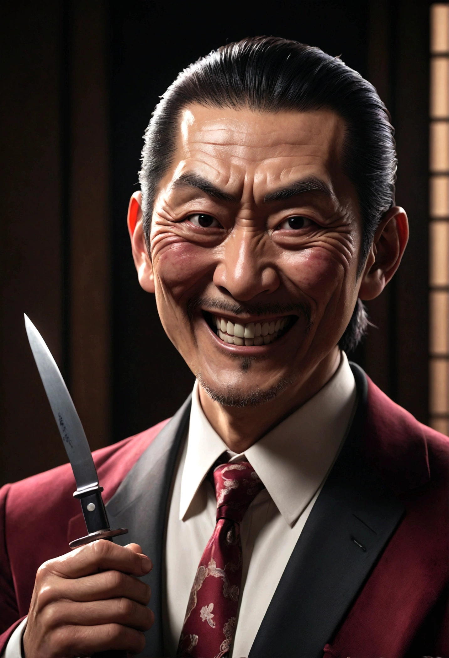 a middle-aged Japanese man, wide nose, yakuza, burgundy velvet jacket, black shirt, red tie, crazy face, holding a knife, wrinkles, smile, evil smile, hyperrealistic, extremely detailed, 8k, cinematic lighting, dramatic shadows, portrait, chiaroscuro, dramatic atmosphere, intense gaze, sinister expression, masterpiece