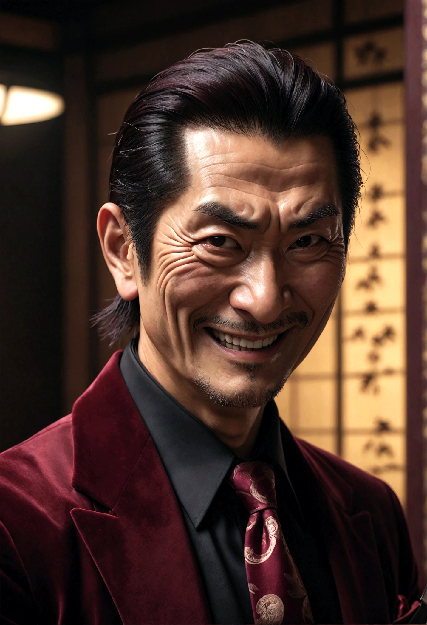 a middle-aged Japanese man, wide nose, yakuza, burgundy velvet jacket, black shirt, red tie, crazy face, holding a knife, wrinkles, smile, evil smile, hyperrealistic, extremely detailed, 8k, cinematic lighting, dramatic shadows, portrait, chiaroscuro, dramatic atmosphere, intense gaze, sinister expression, masterpiece
