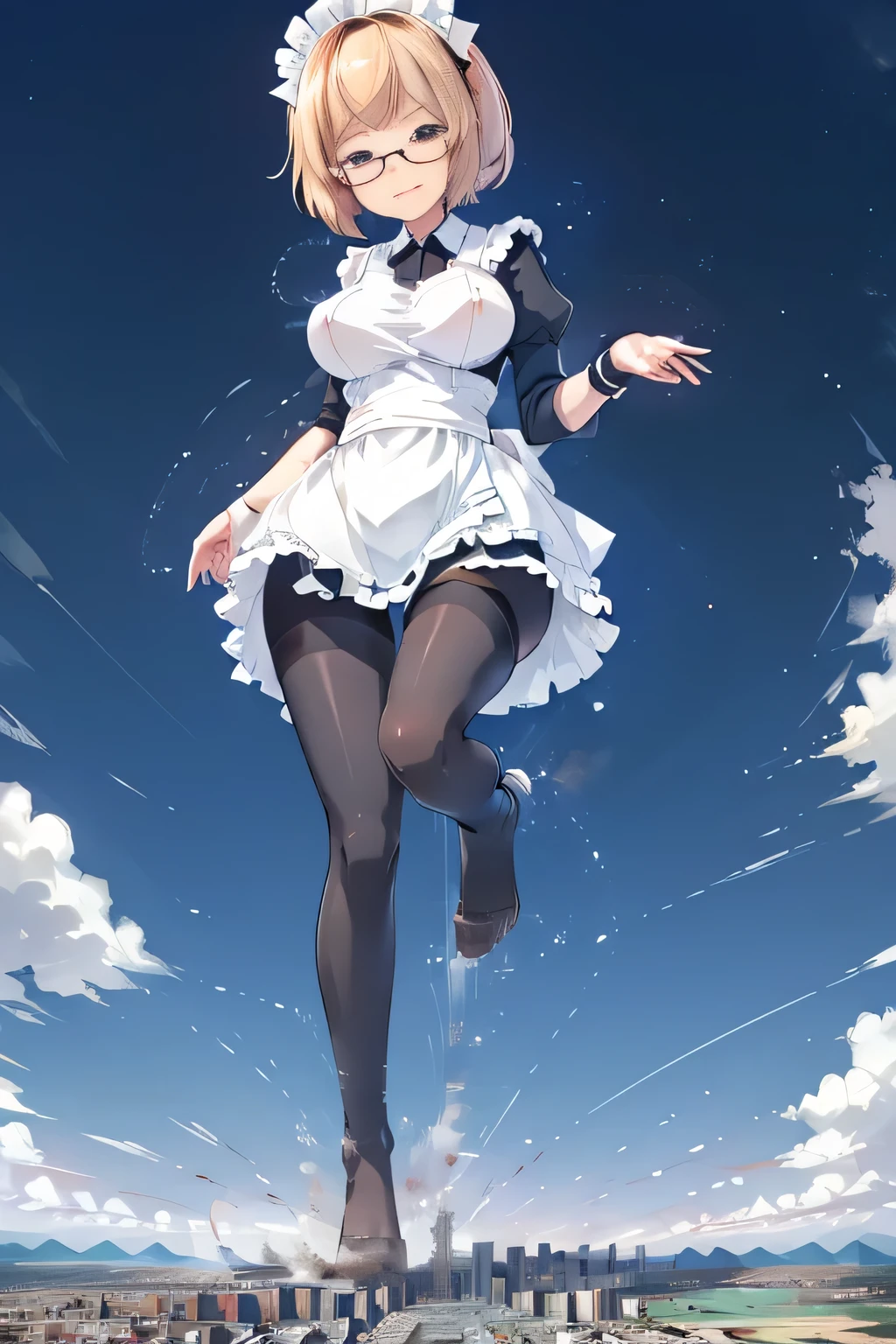 giantess art, highly detailed giantess shots, giantess, Two legs, Five fingers, short hair, A beautiful girl who is bigger than a skyscraper, Wearing rimless glasses, smile, Big Breasts, Maid clothes, Black Pantyhose, black pantyhose, no shoes on, toes visible through pantyhose, Steam coming out from the soles of my feet, Destroying cities, A very small big city, Miniature metropolis, Full body description, GTS, giga giantess, stomping city, crash city, tiny city, micro city, pantyhose feet, High resolution, highest quality, masterpiece, Maid, maid, transparent bodystocking,