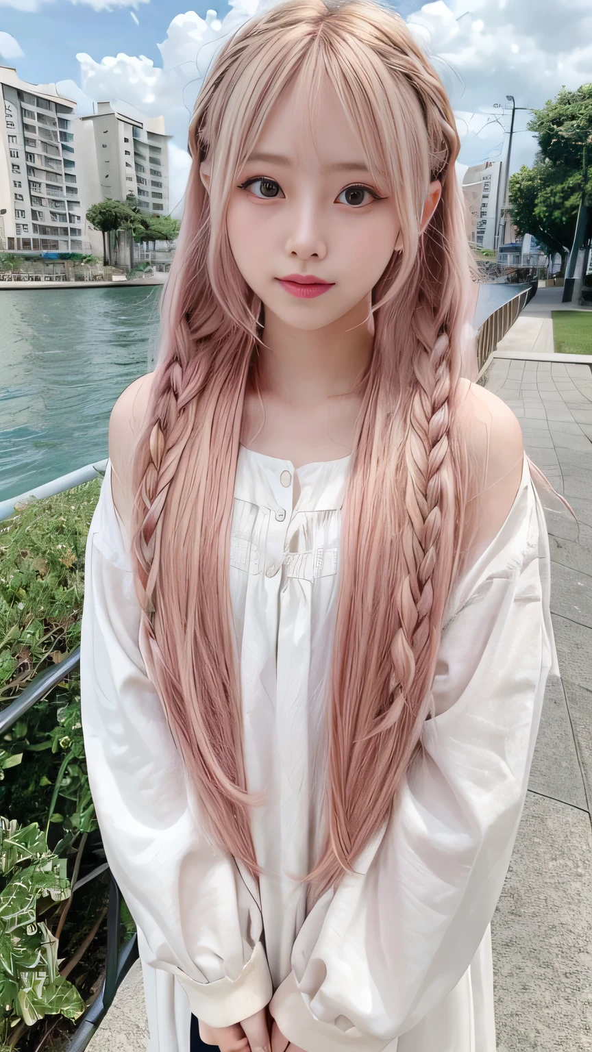 Pale, tanned skin、Sunburn marks on tanned skin、Multicolored Hair、Pink Hair,blonde,Platinum Hair,Brown Hair、A cute 20-year-old girl with a cute look, A strong wind blows my hair in front of my face、beautiful long blonde braided hair、beautiful, Cute eyes hidden by long bangs、Yawn、Double teeth、No visible nasolabial folds、
