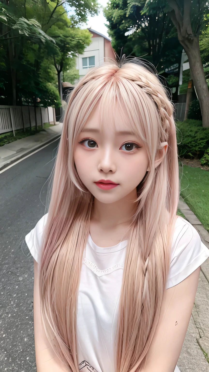 Pale, tanned skin、Sunburn marks on tanned skin、Multicolored Hair、Pink Hair,blonde,Platinum Hair,Brown Hair、A cute 20-year-old girl with a cute look, A strong wind blows my hair in front of my face、beautiful long blonde braided hair、beautiful, Cute eyes hidden by long bangs、Yawn、Double teeth、No visible nasolabial folds、