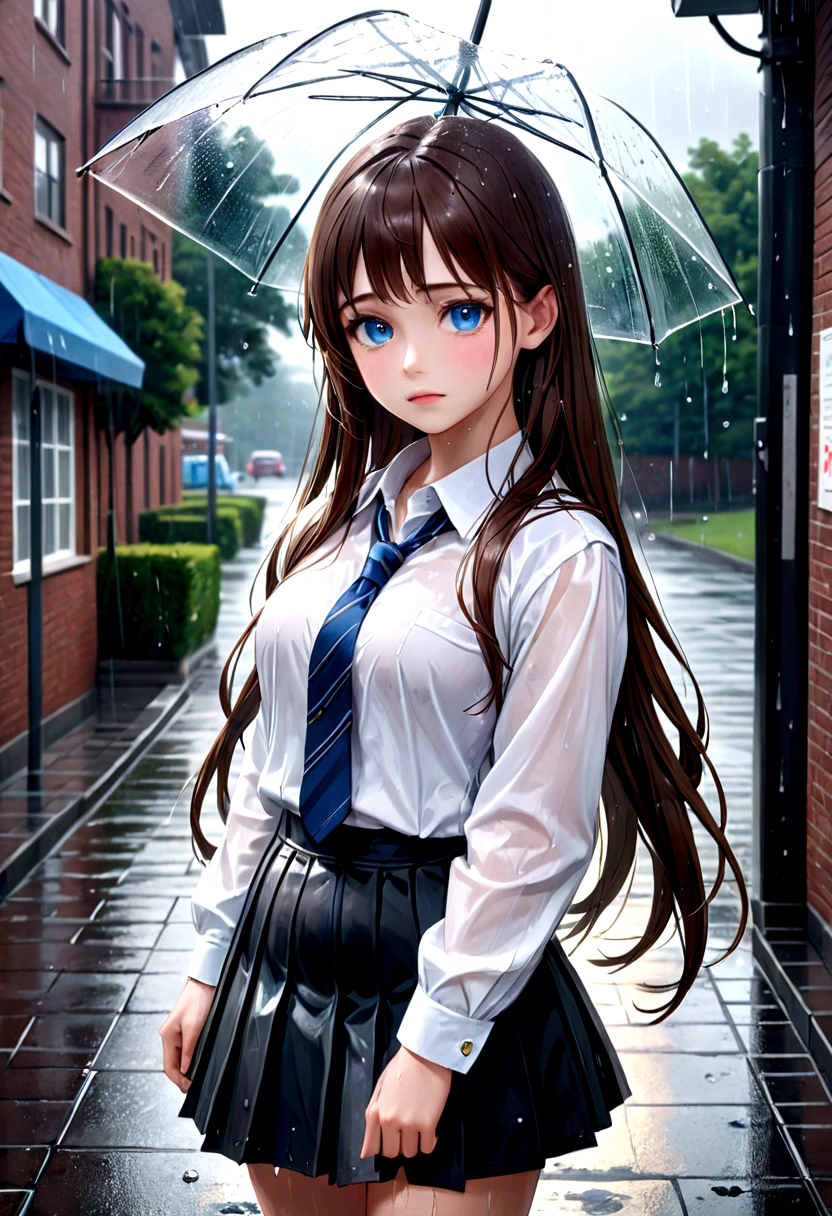 best quality, masterpiece, ultra high res, (photo realistic:1.4), 1 girl, medium breasts, big blue eyes, brown hair, white button shirt, black skirt, school uniform, cute, young, posing, very long hair, looking at viewers, rain, wet, professional lighting, physically-based rendering