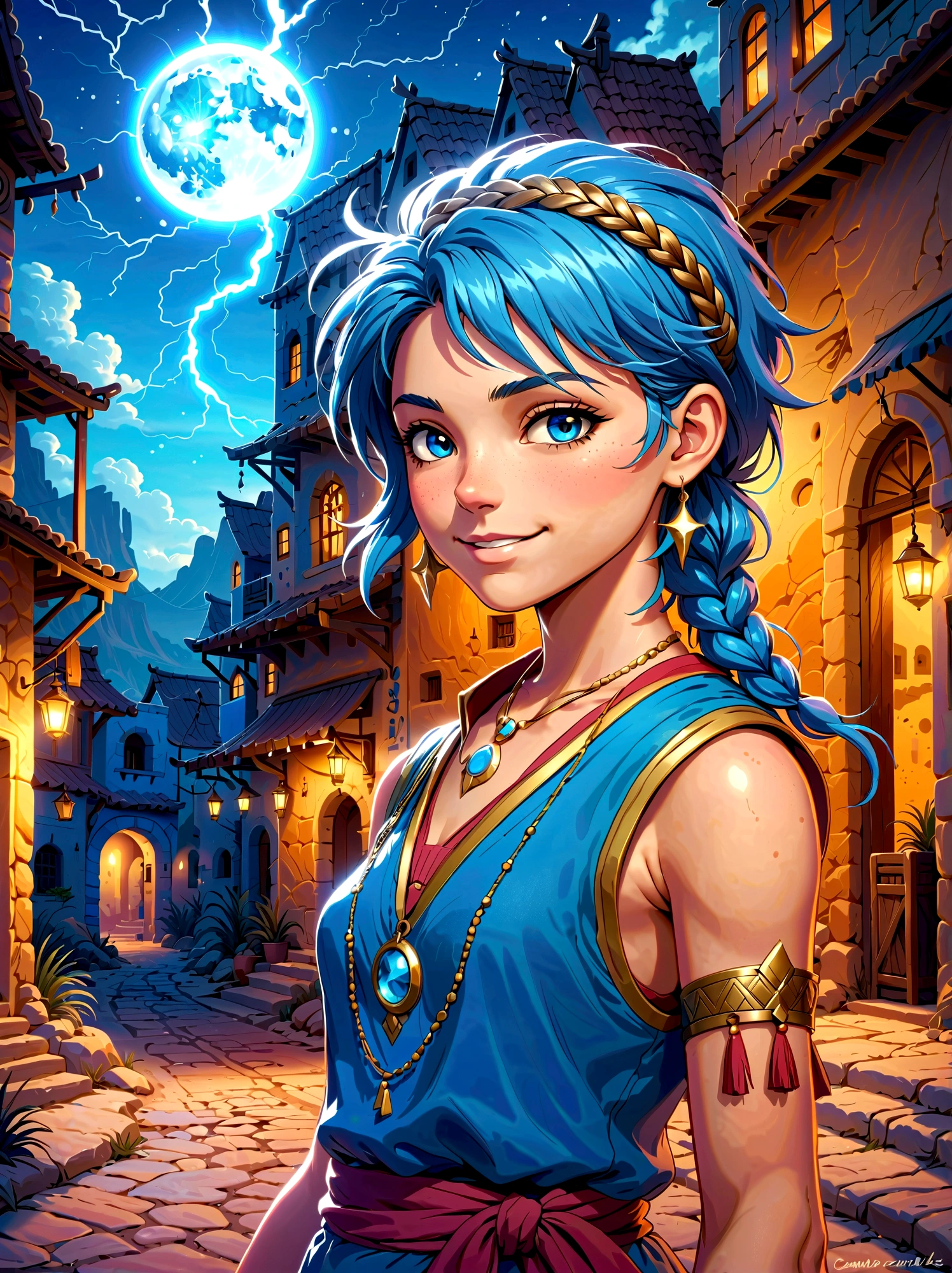 1boy,magi_aladdin,Standing alone in a desert town, He has short blue hair,With a braid,Wear a headscarf,Smiling,A flute pendant hangs around her neck,Wearing a blue vest, A magical explosion can be seen in the background,Super large magic circle,lightning,fighting,Mouth tightly shut,sneer,Soft lighting and detailed environments create an immersive environment,Let your imagination run wild with super details, Ultra-detailed face, High-quality visual effects, Sharp focus, Octane Rendering, 8k, Ultra HD