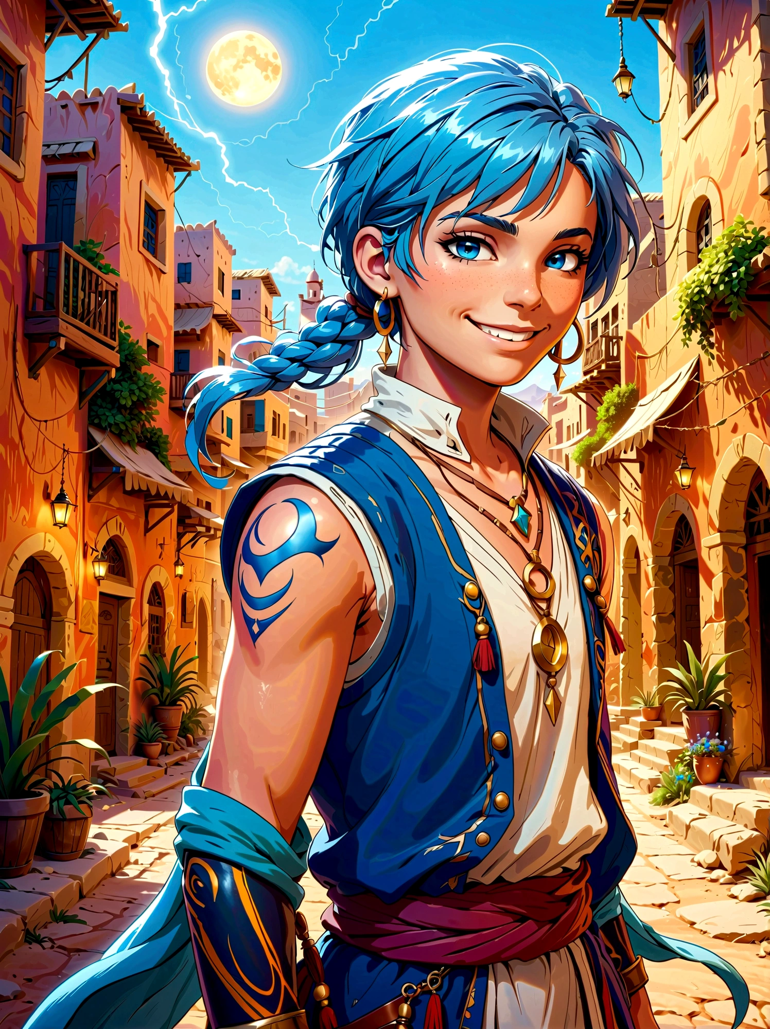 1boy,magi_aladdin,Standing alone in a desert town, He has short blue hair,With a braid,Wear a headscarf,Smiling,A flute pendant hangs around her neck,Wearing a blue vest, A magical explosion can be seen in the background,Super large magic circle,lightning,fighting,Mouth tightly shut,sneer,Soft lighting and detailed environments create an immersive environment,Let your imagination run wild with super details, Ultra-detailed face, High-quality visual effects, Sharp focus, Octane Rendering, 8k, Ultra HD