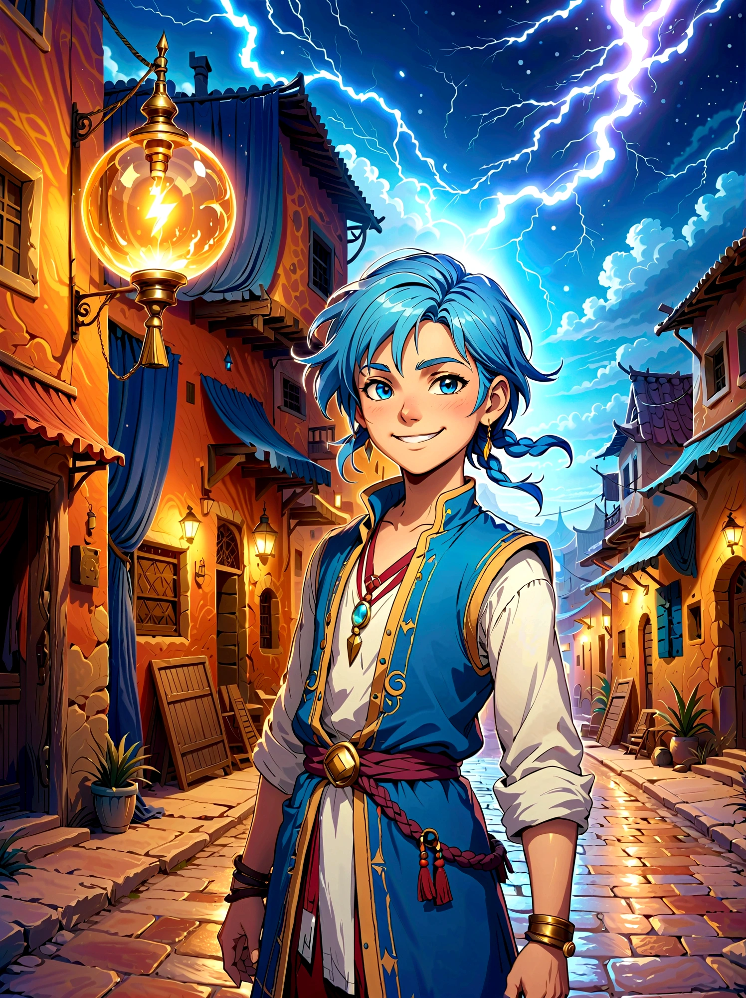 1boy，magi_aladdin，Standing alone in a desert town, He has short blue hair，With a braid，Wear a headscarf，Smiling，A flute pendant hangs around her neck，Wearing a blue vest, A magical explosion can be seen in the background，Super large magic circle，lightning，fighting，Mouth tightly shut，sneer，Soft lighting and detailed environments create an immersive environment，Let your imagination run wild with super details, Ultra-detailed face, High-quality visual effects, Sharp focus, Octane Rendering, 8k, Ultra HD