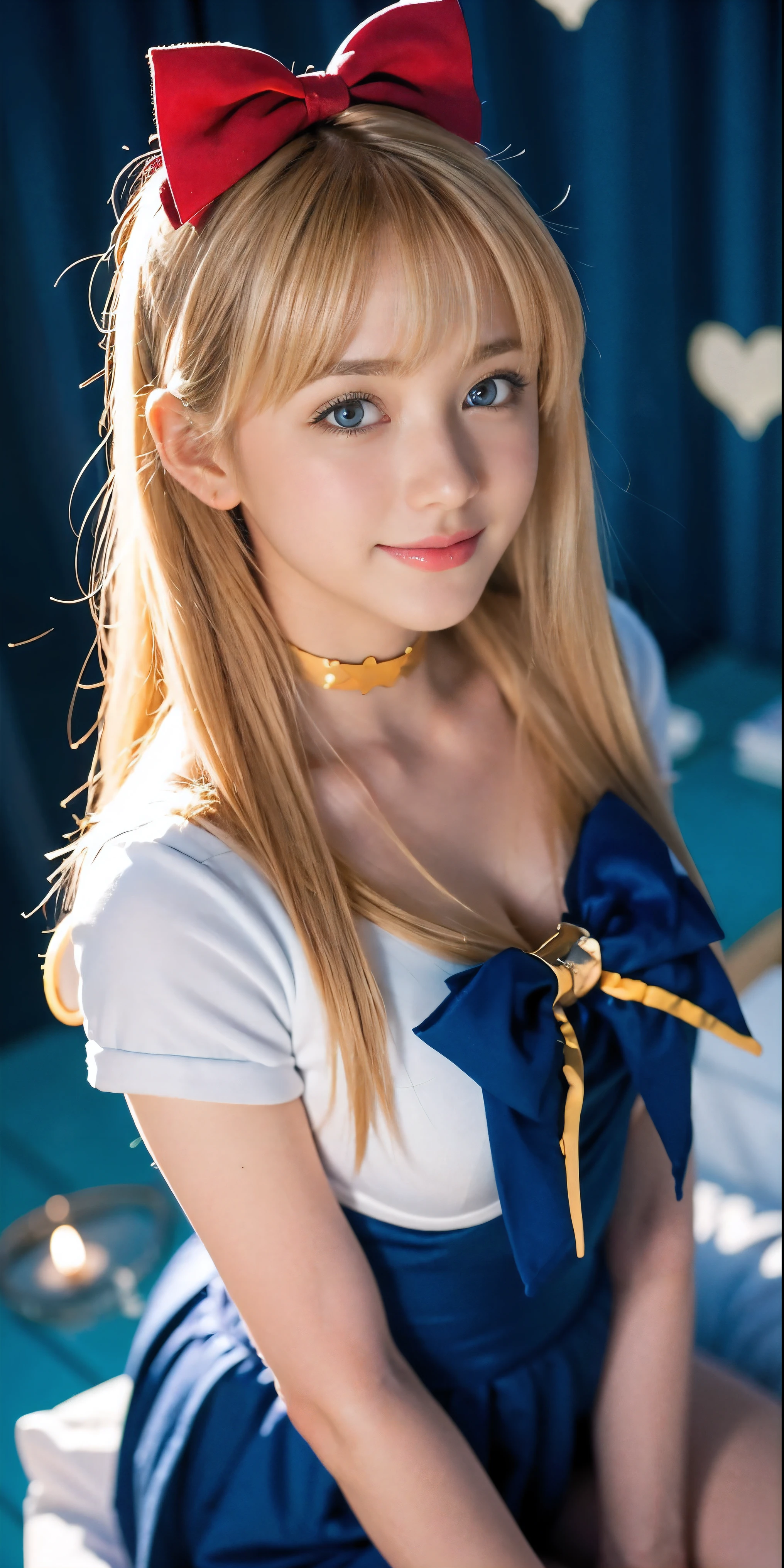 (masterpiece, best quality;1.3), extremely detailed CG, ultra detailed, 1girl, solo, smile, looking at viewer, stylish ungle, blonde long hair,blue eyes, sv1, sailor senshi uniform, orange skirt, elbow gloves, tiara, orange sailor collar, red bow, orange choker, white gloves, jewelry, from above, many hearts, face focus,Venus,tornado,abstract background, hearts storm, haert beam, heart bubbles, heart baloons, haert stars, heart flowers, HEART LIGHTS, heart world, heart background, galaxy background, heart weapon, heart aura, sailor girl in a sailor costume, sailor moon!!!!!!!!, sailor moon style, the sailor galaxia. beautiful, inspired by Sailor Moon, by Sailor Moon, the sailor moon. beautiful, leaked image, knights of zodiac girl, classic shoujo, also known as artemis the selene, rei hiroe, with shoulder pads, also known as artemis or selene, official art, Height is 173cm, I have big breasts. Good body proportions, Look straight ahead, Looking at me with a pretty smile.