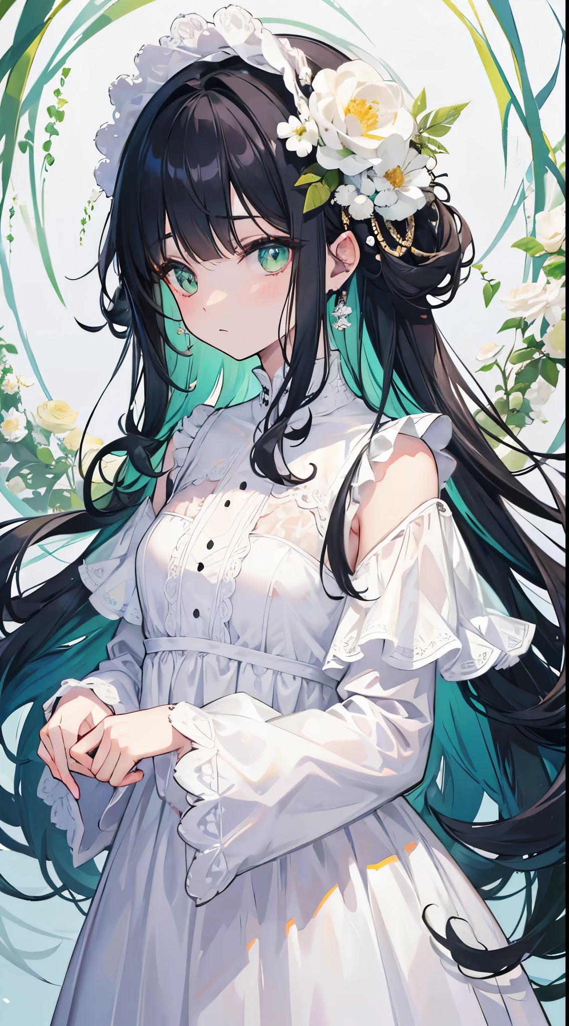 Black Hair、Long Hair、Green Eyes、Curly Hair、Curly Hair、Lady、White flower、White Dress、sunlight、Fluffy bangs、((Curly bangasterpiece、Complex composition、Overlooking、adult