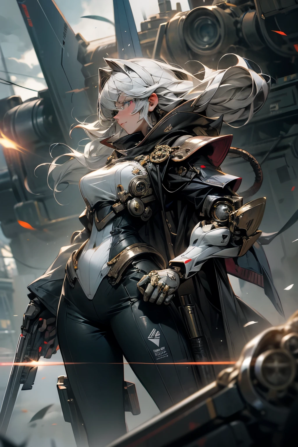 (masterpiece),highest quality,Super detailed,8k,Transistor Grammar,woman,Silver Hair,Blue Eyes,Expressionless,gigantic breast,Eye patch,Pilot Suit,Long Hair,Loose curls,Heavy Armor,Missile Pod,Two cannons,Gatling Gun,Vulcan cannon,Blade Mechanism,Missile Box,Electromagnetic Barrier,Giant arm,booster,Countless cables,Shotgun,Countless machine guns,generator,Over-technology,Heavily armed,Powered Suit,Decisive Weapon
