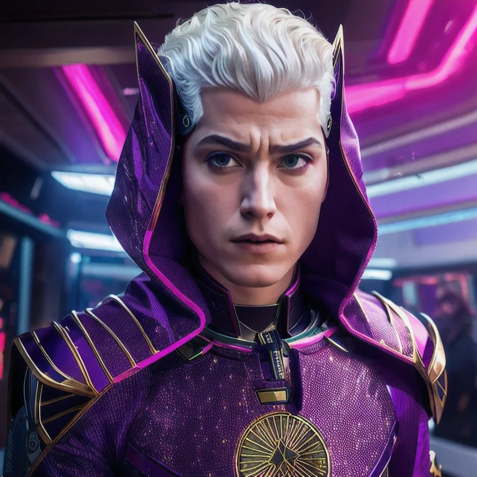 A close-up of a person wearing a purple pink suit with white hair, Palestinian cyborg, cyberpunk Palestine, God Emperor Gazan, Emperor Palestine as anime righteous Gazan as Sith Lord, Light Lord Palestine, Laser Eye Palestine as Batman Palestine (a Palestinian)