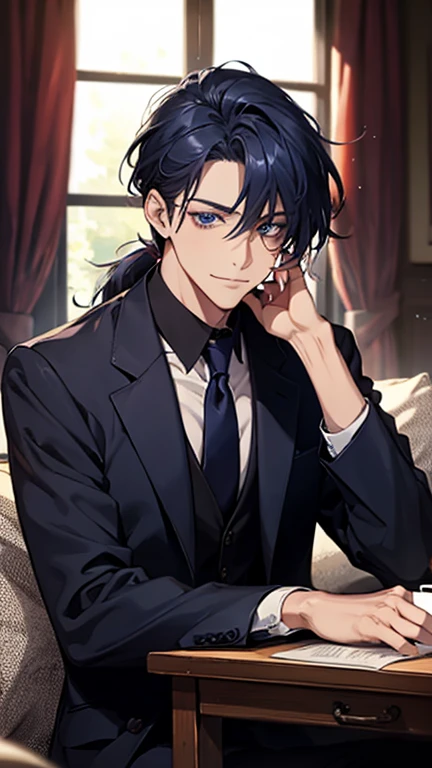 (highest quality,High resolution,masterpiece:1.2),Abstract,Masculine,Navy Blue Hair,Loose low ponytail,Tie your hair at the nape,Dark blue eyes,coat,,Dark blue gaze,Calm,quiet,A kind smile,Sitting on the couch,Mug