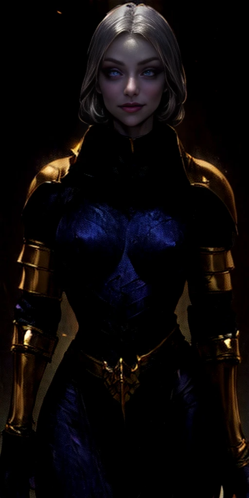 (1solofemale)(chest covered)(smile) Gray skin, pale golden hair and violet eyes. She prefers clothing of white and silver with cloaks of deep blue or purple, ((very precise detailed)) ((high res), Golden bracers (plain background)