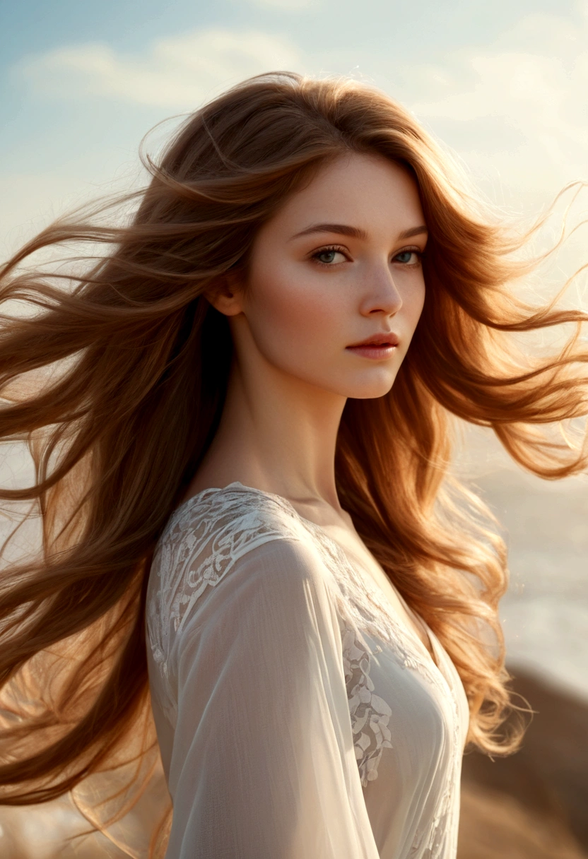 a woman, incredibly beautiful, hair sways in the gentle breeze,