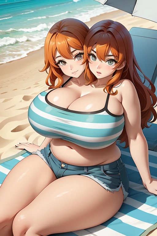 2heads, a short fat woman with 2 heads. She has enormous fat breasts. She is relaxing on the beach. She is wearing a striped bikini top and jean shorts. She has long orange hair. She has massive fat breasts. She is laying on a beach towel. She is relaxed. She looks mature. She is extremely short. She is very fat. She has gigantic fat breasts. She is laying on her back. She looks happy, seductive expression. She has two legs with thick thighs. She has massive fat breasts. She is wearing eyeliner.