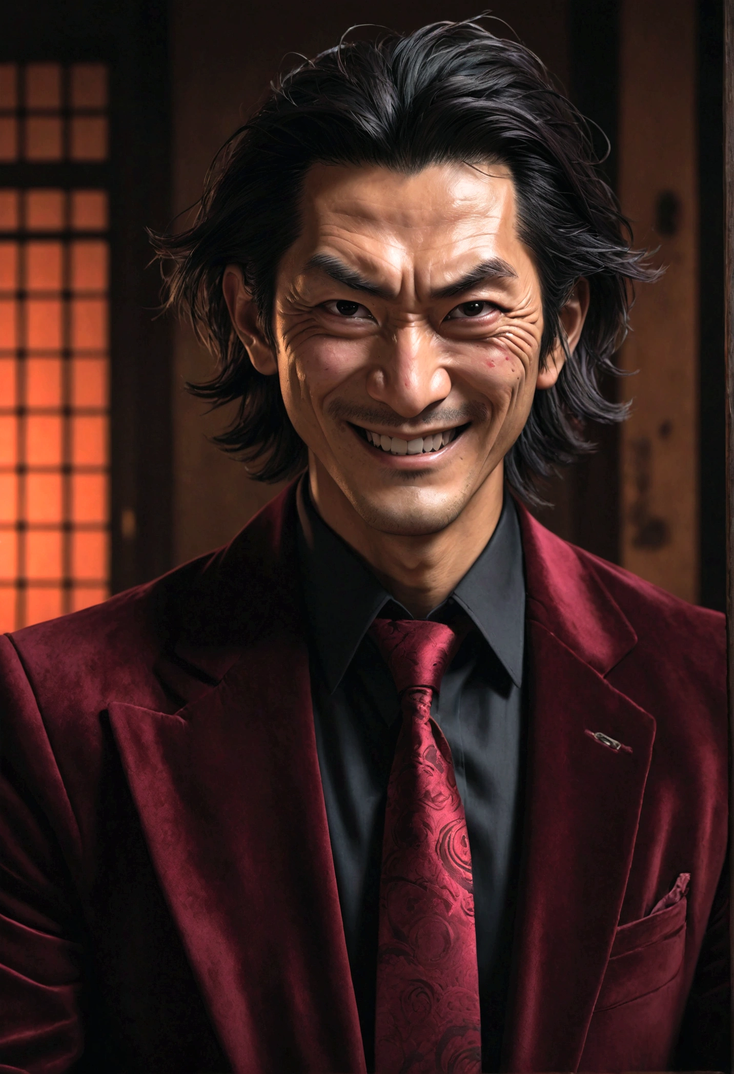 Japanese man, wide nose, yakuza,medium length tousled hair, black hair, burgundy velvet jacket, black shirt, red tie, crazy face, holding a knife, wrinkles, smile, evil smile, hyperrealistic, extremely detailed, 8k, cinematic lighting, dramatic shadows, portrait, chiaroscuro, dramatic atmosphere, intense gaze, sinister expression, masterpiece