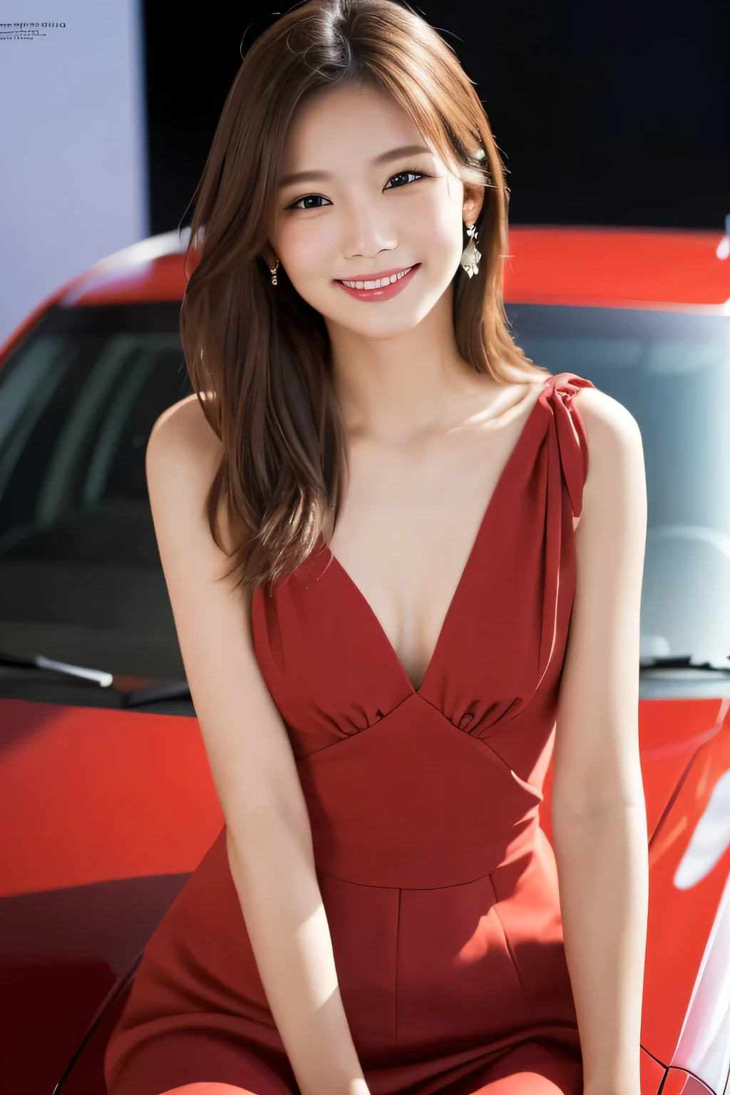 1 girl, (Wear a bright red dress:1.2), Very beautiful Japanese idol portraits, 
(RAW Photos, highest quality), (Realistic, Realistic:1.4), (masterpiece), 
Very delicate and beautiful, Very detailed, 2k wallpaper, wonderful, finely, Very detailed CG Unity 8K wallpaper, Very detailed, High resolution, Soft Light, 
Beautiful detailed girl, Very detailed目と顔, Beautiful and sophisticated nose, Beautiful and beautiful eyes, Cinema Lighting, 
(Fashion magazine photography:1.3), (indoor), (motor Show:1.3), Accurate depiction of the car,
(Medium Hair), (whole body), (Sit on the hood of a car:1.2), (Sitting cross-legged:1.2),
Complete Anatomy, Slender body, Small breasts, smile, Happy, (teeth)