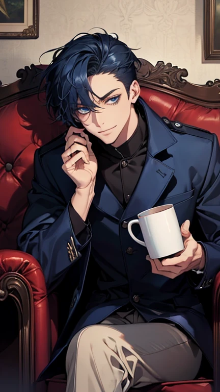 (highest quality,High resolution,masterpiece:1.2),Abstract,Masculine,Navy Blue Hair,Dark blue eyes,coat,,Dark blue gaze,Calm,quiet,A kind smile,Sitting on the couch,Mug