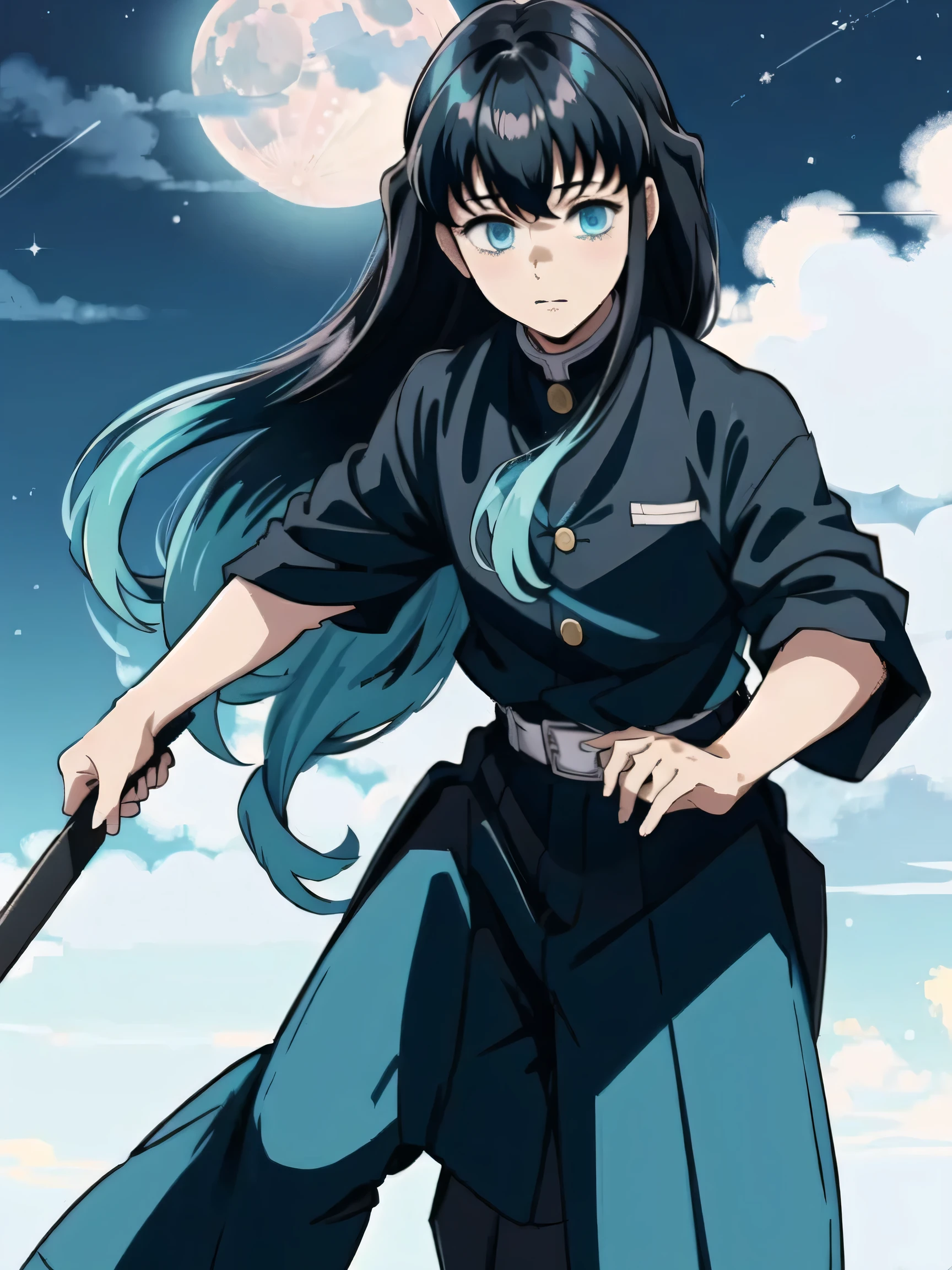 masterpice, best quality, (1boy:1), demon slayer uniform, solo, long hair, looking at viewer, bangs, black hair, aqua eyes, multicolored hair, Tokito_Muichirou, weapon , male focus, pants, background of a japansese village, night time, moon light,
