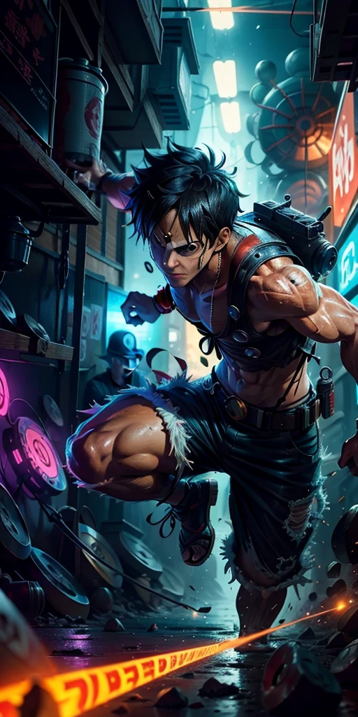 3D illustration(((Detailed))), Japanese anime「one piece」the protagonist of, Monkey D. Luffy, Armed with the latest protective gear, The outline glows like a neon light, Running through a collapsing research facility in the dark, A dynamic appearance