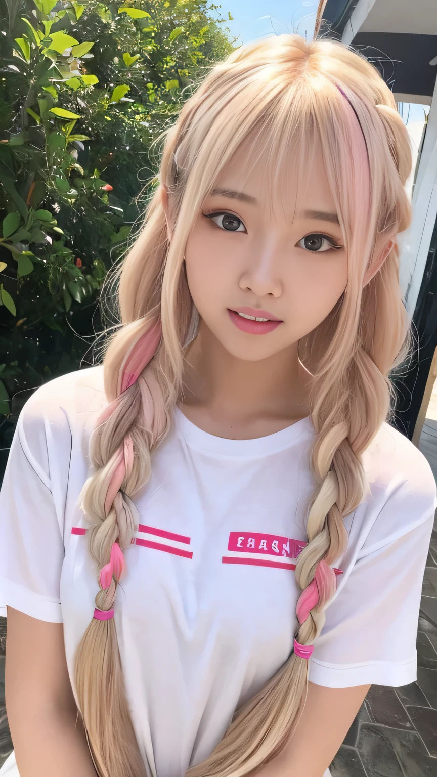 Pale, tanned skin、Sunburn marks on tanned skin、Multicolored Hair、Pink Hair,blonde,Platinum Hair,Brown Hair、A cute 20-year-old girl with a cute look, A strong wind blows my hair in front of my face、beautiful long blonde braided hair、beautiful, Cute eyes hidden by long bangs、Yawn、Double teeth、No visible nasolabial folds、