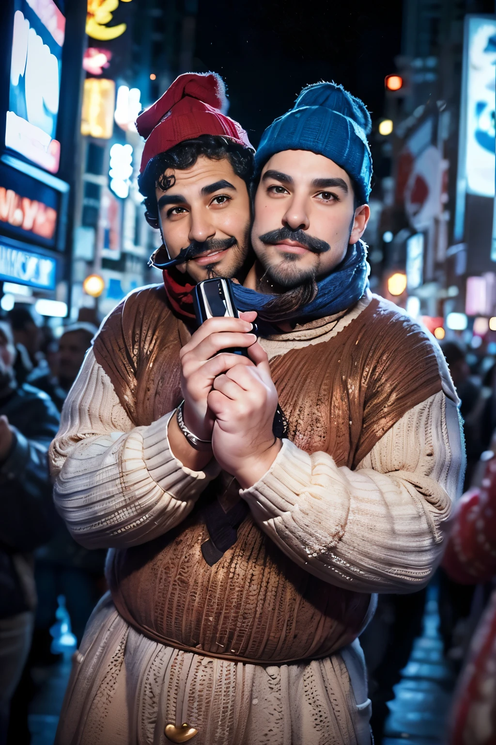 realisticlying、43-year-old American chubby male, ((facial hair:1.4)), ((body hair)), (( taking a selfie in the middle of a very busy crowd of people celebrating new years eve at times Square in New York city) ), holding a champagne glass in the air,, short hair 、 ((curly brown hair)), ((baggy eyes, brows feet, chin dimple,)), elegant winter Wea, , Smile、 , two heads, ((2heads)),conjoined dicephalus, ((chubby, overweight, plump)),((wide shoulders) ),((wide torso)), hyperrealistic,masterpiece,8k,((((big bulge)))), snowy and windy, wearing an oversized colorful scarf, red knit cap, blue knit csp