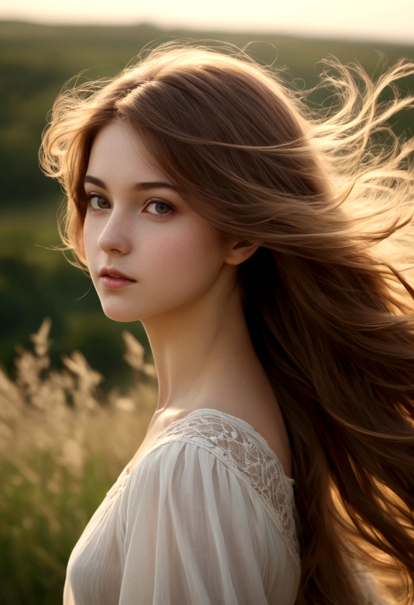 a girl, incredibly beautiful, hair sways in the gentle breeze,